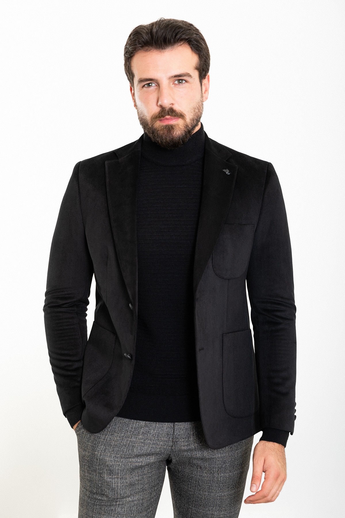 Çizgili Slim Fit Torba Cep Mono Yaka Kadife Erkek Ceket
