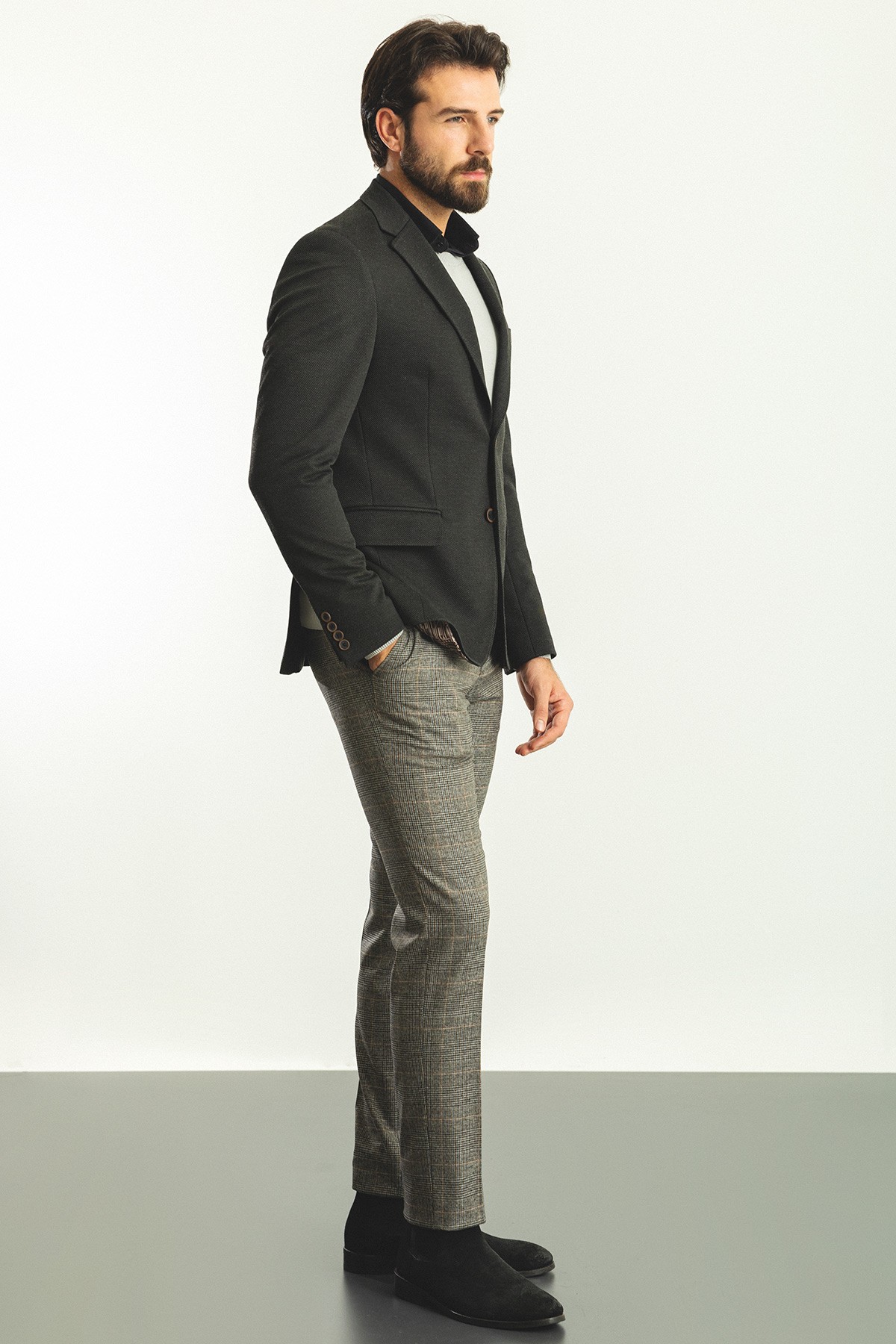 Dokulu Slim Fit Mono Yaka Yün Erkek Ceket