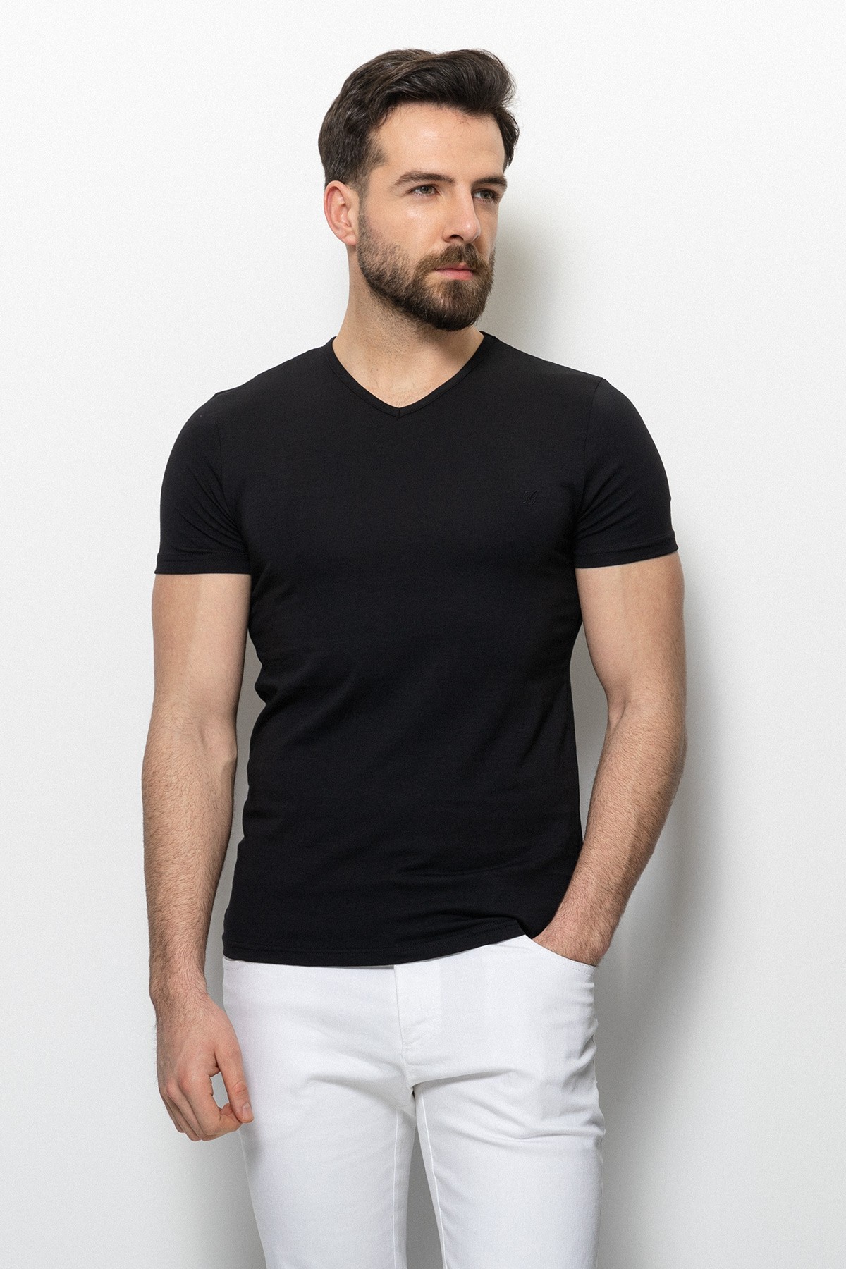 Düz Super Slim Fit V Yaka Basic Erkek T-Shirt