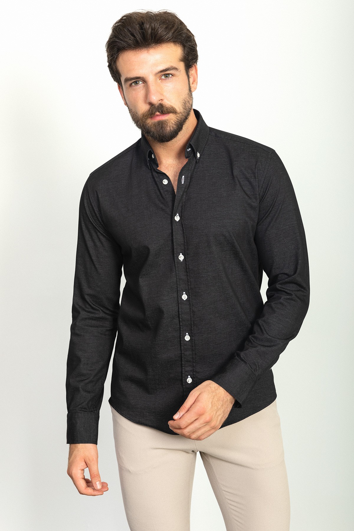 Düz Slim Fit Erkek Gömlek - Siyah