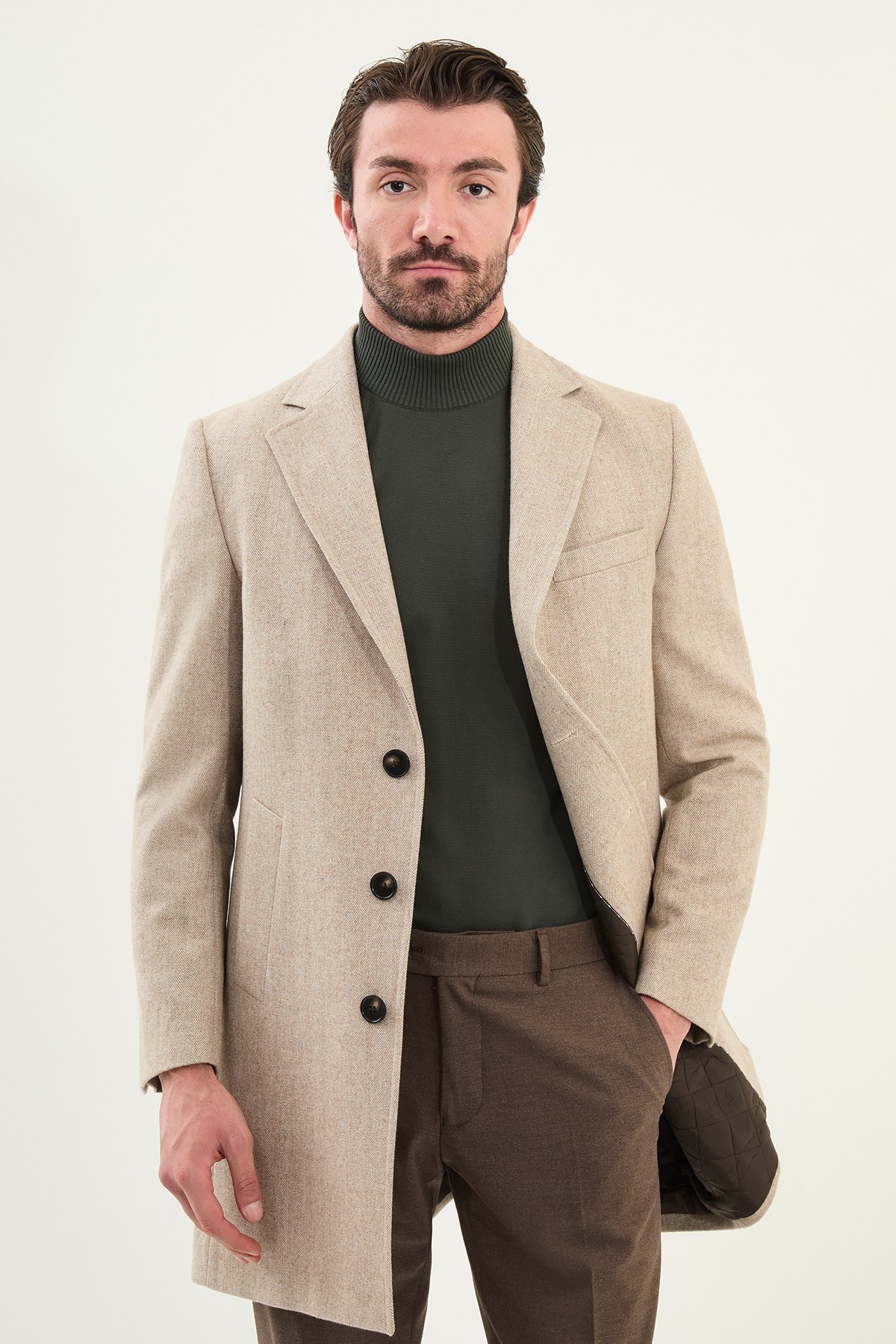Desenli Slim Fit Mono Yaka Kaşe Erkek Kaban - Bej