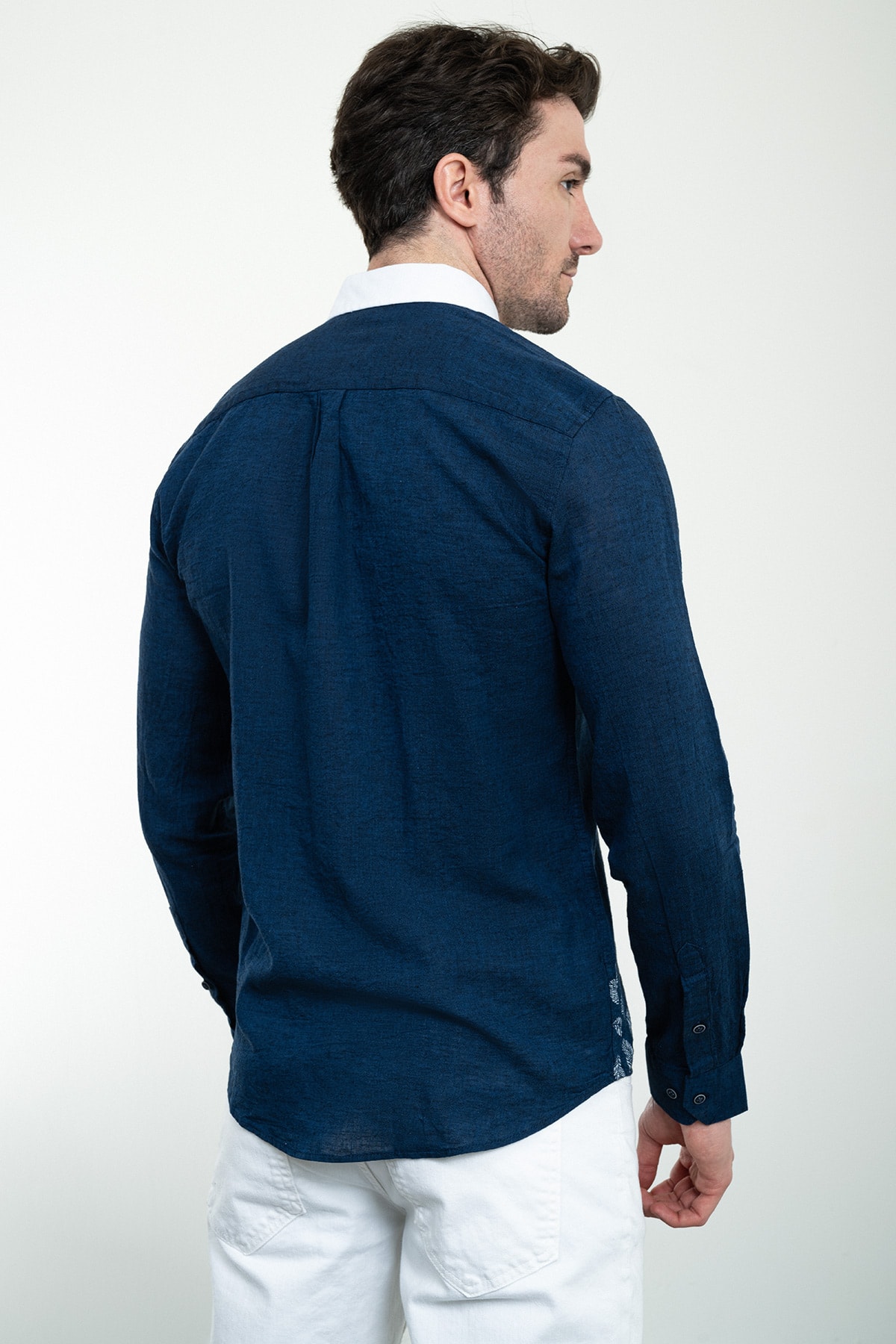 Çiçek Desenli Slim Fit Uzun Kollu Keten Erkek Gömlek