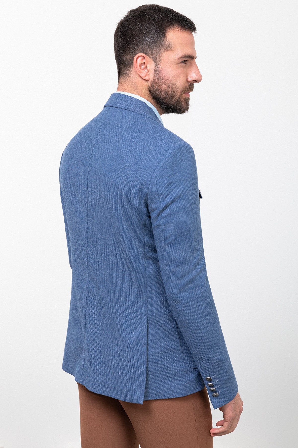 Kırçıllı Slim Fit Torba Cep Mono Yaka Keten Erkek Ceket