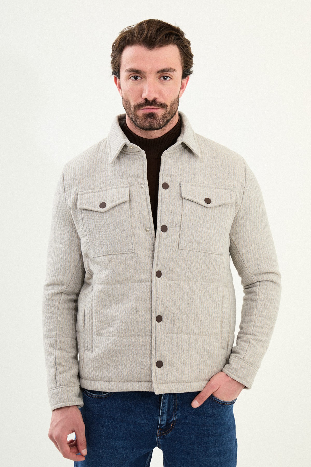 Çizgili Slim Fit Gömlek Yaka Çıtçıtlı Erkek Mont - Gri