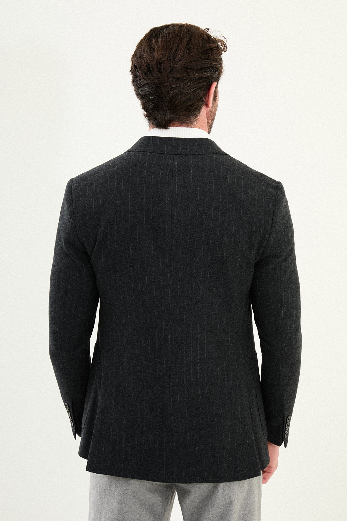 Çizgili Slim Fit Torba Cep Geniş Yaka Yün Erkek Ceket