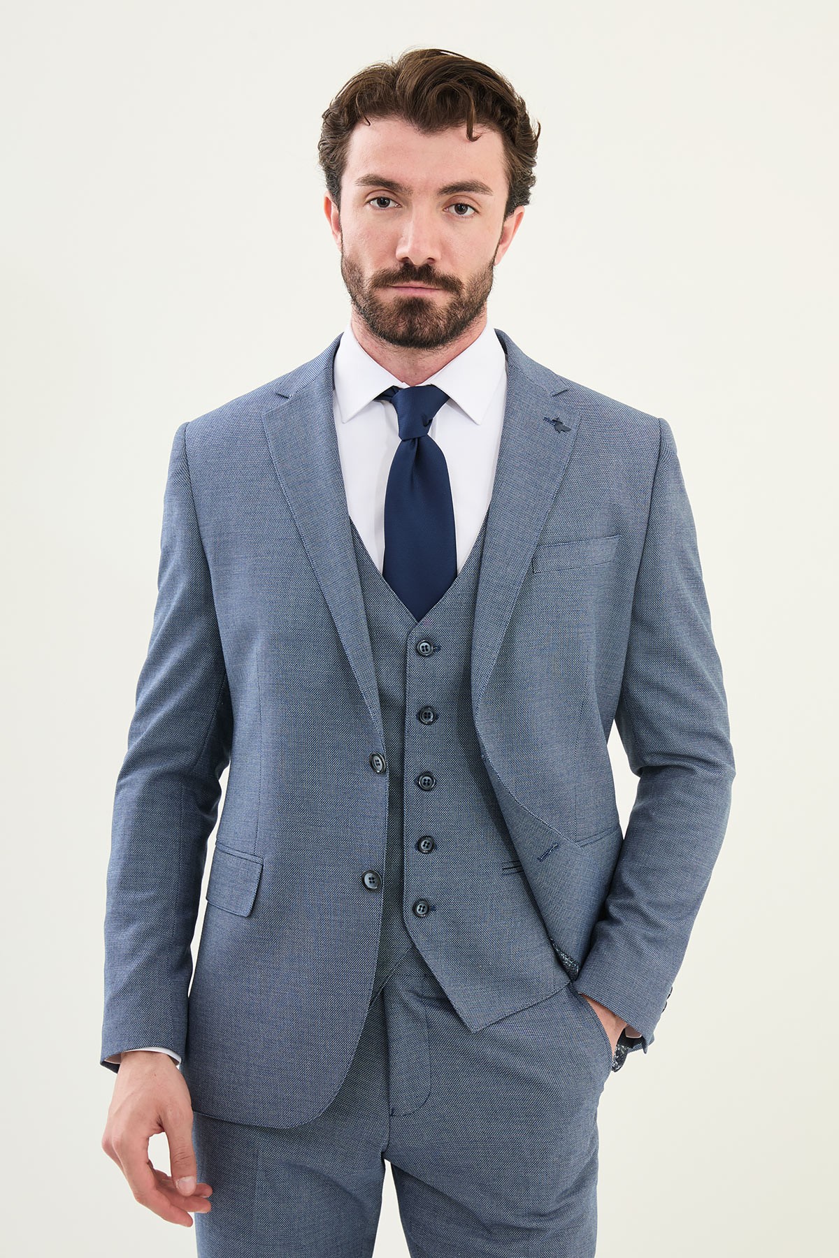 Desenli Slim Fit Mono Yaka Erkek Takım Elbise - Lacivert