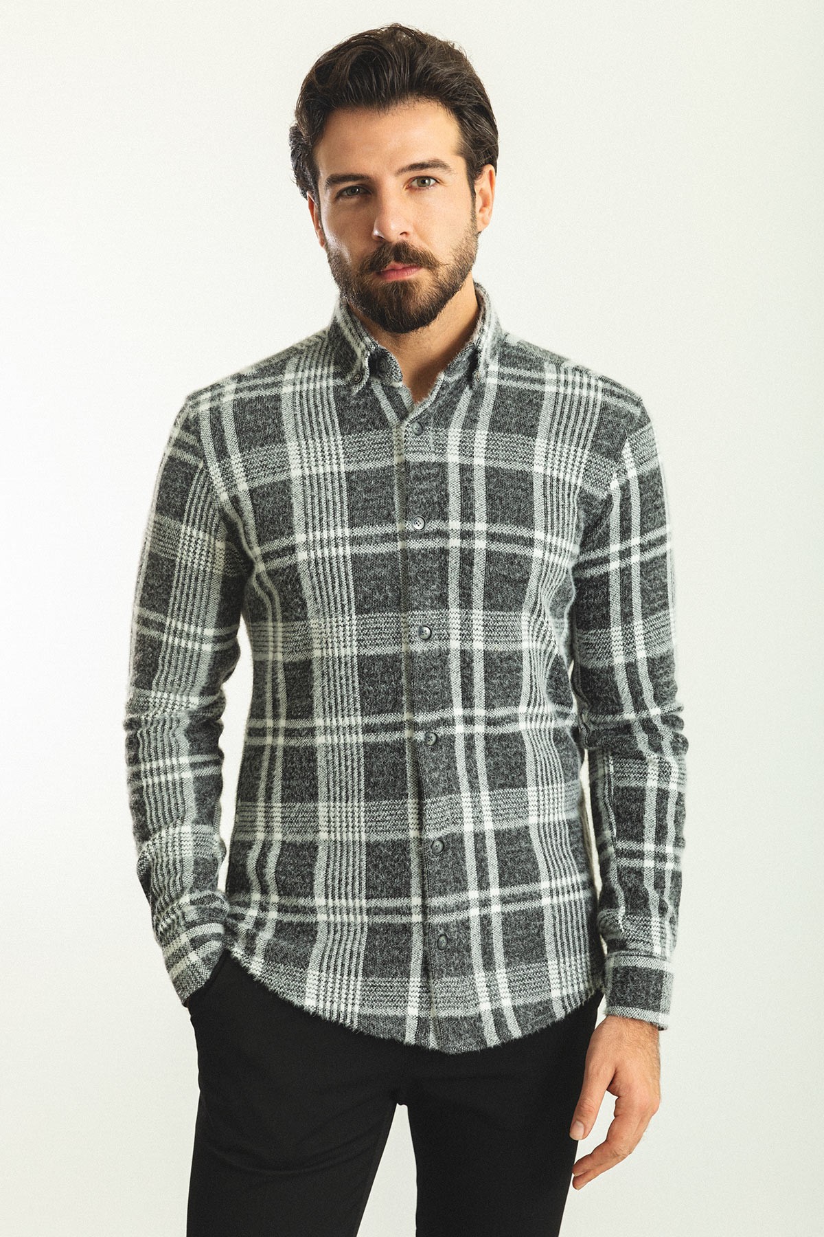 Ekoseli Slim Fit Yün Oduncu Erkek Gömlek - Siyah-Ekru
