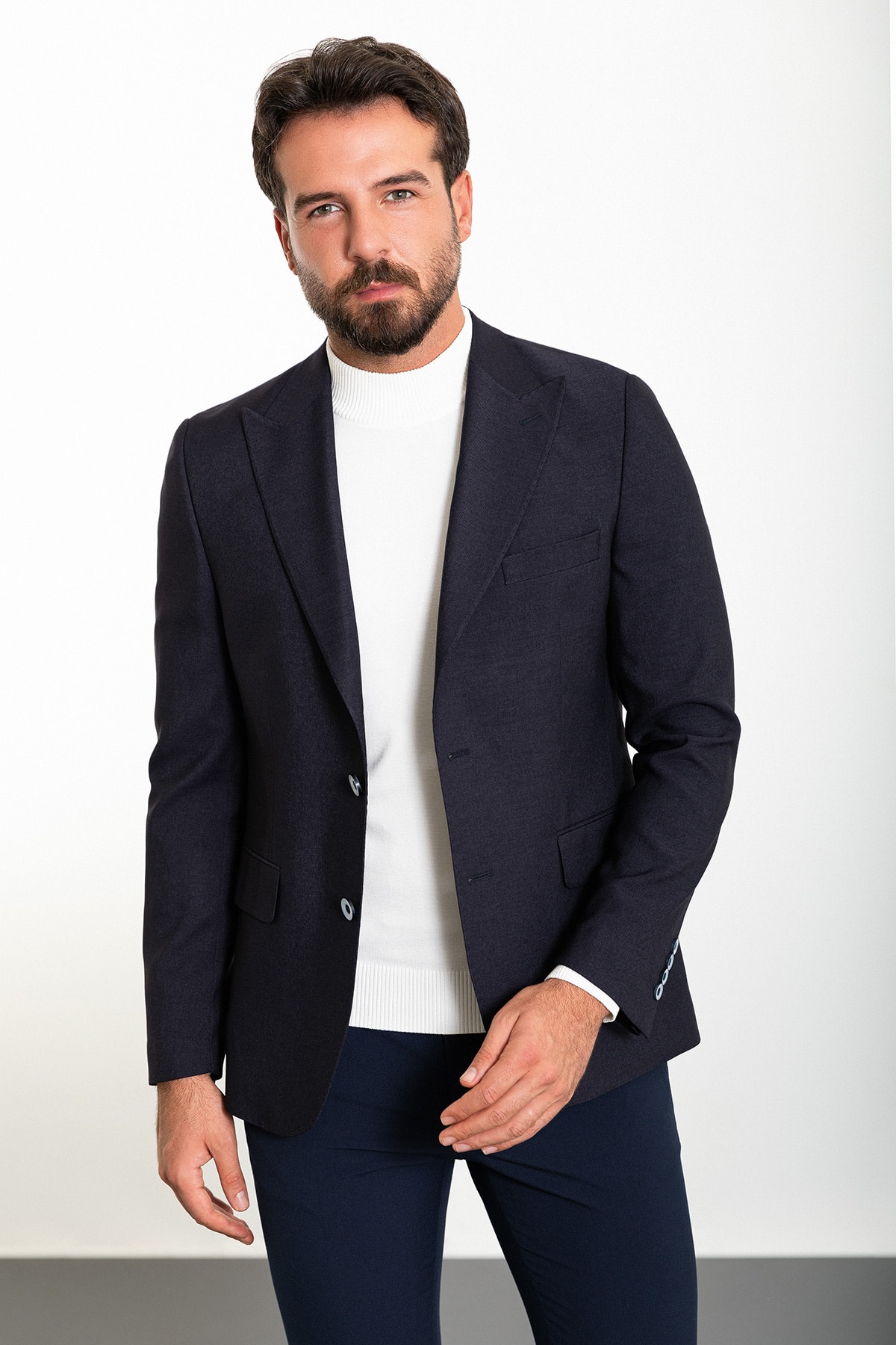 Düz Slim Fit Geniş Yaka Yün Erkek Ceket