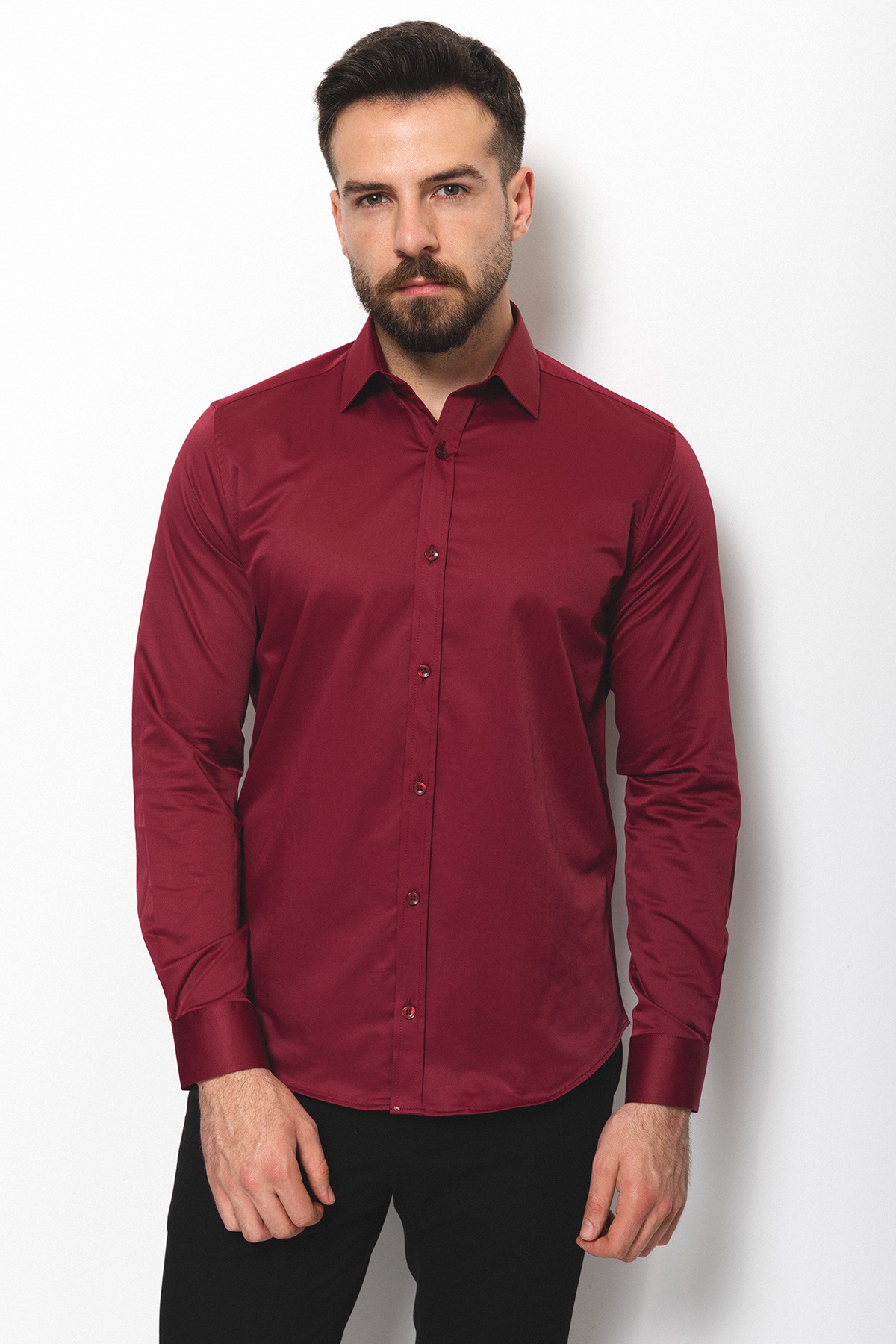 Düz Slim Fit Saten Klasik Erkek Gömlek - Bordo