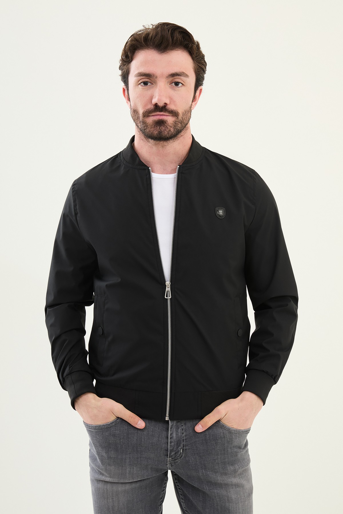Düz Slim Fit Hakim Yaka Erkek Mont - Siyah