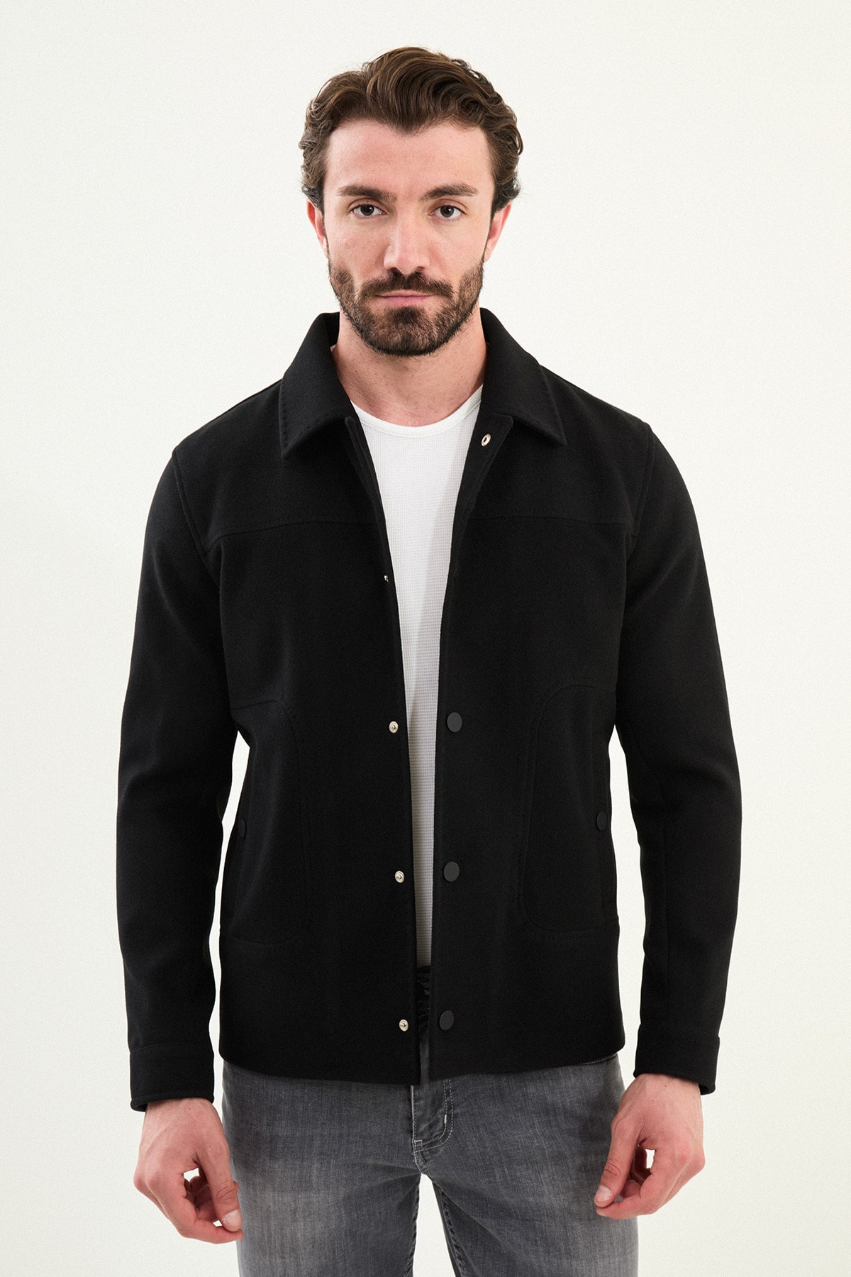 Düz Slim Fit Gömlek Yaka Çıtçıtlı Kaşe Erkek Mont