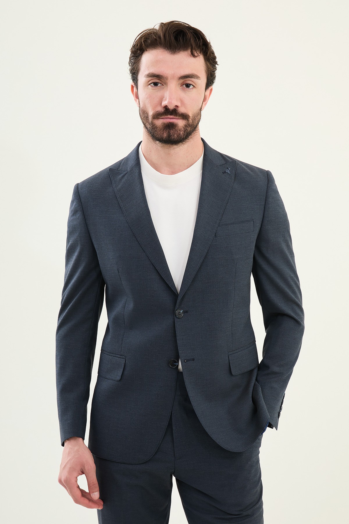 Desenli Slim Fit Geniş Yaka Erkek Takım Elbise - Lacivert