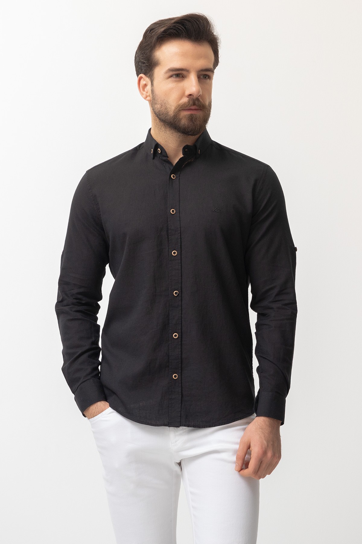 Düz Slim Fit Basic Keten Erkek Gömlek