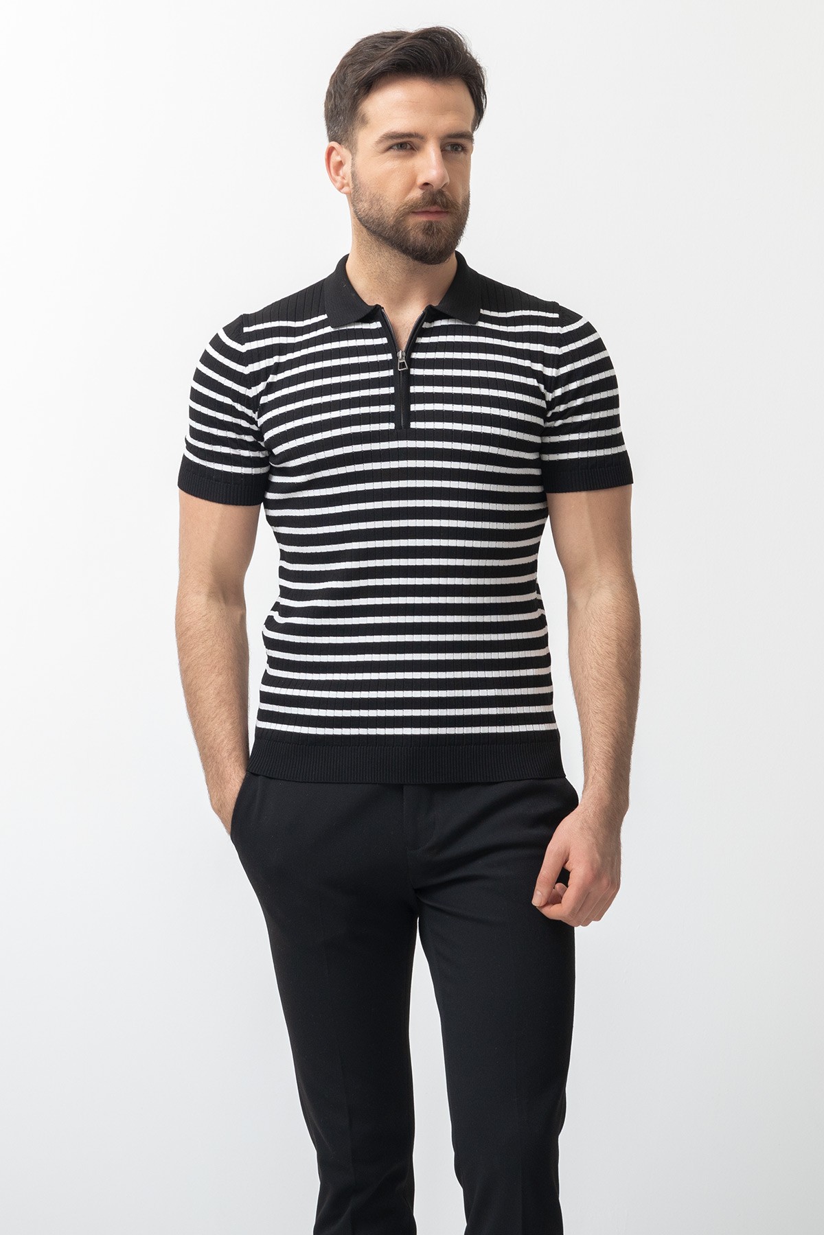 Yatay Cizgili Slim Fit Fermuarlı Polo Yaka Kısa Kollu Erkek Triko