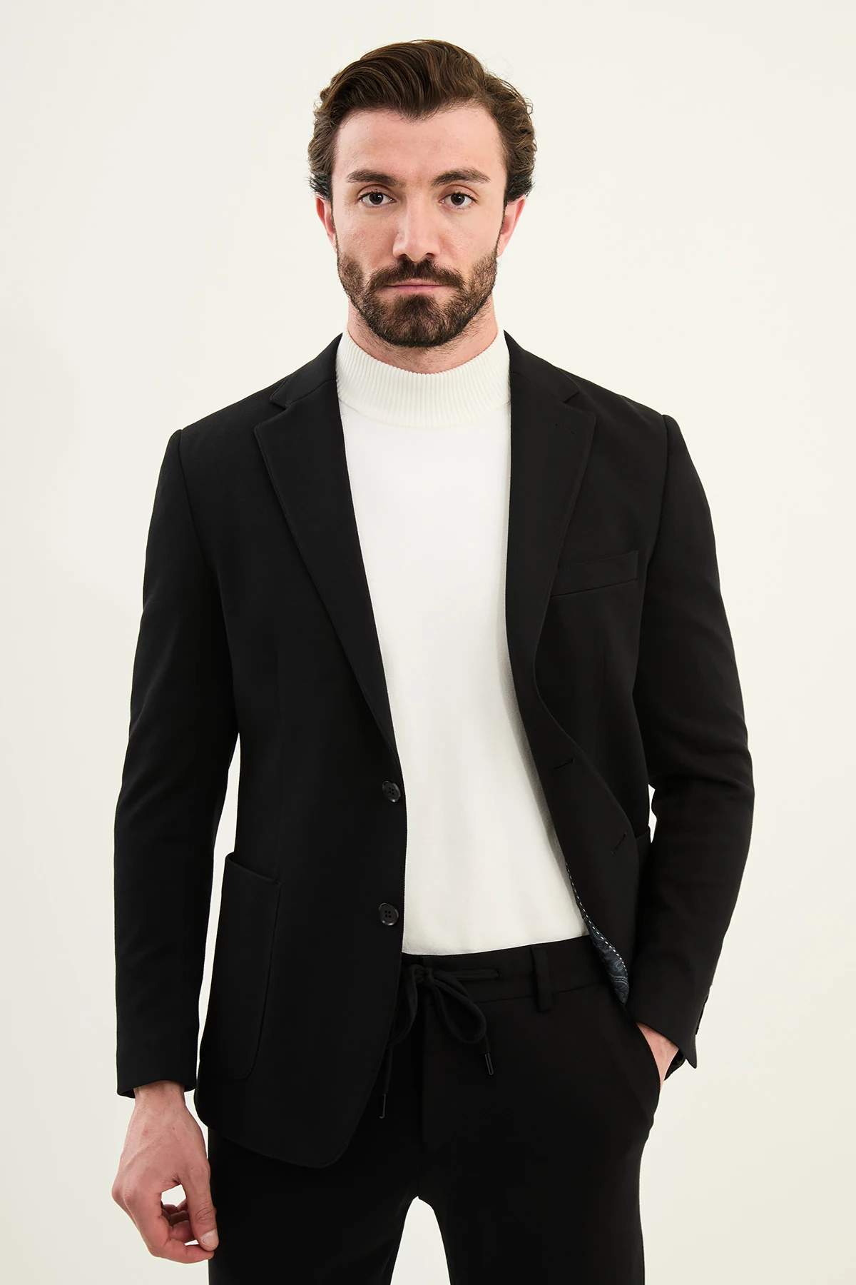 Dokulu Slim Fit Mono Yaka Torca Cep Beli Lastikli İpli Erkek Takım Elbise - Siyah