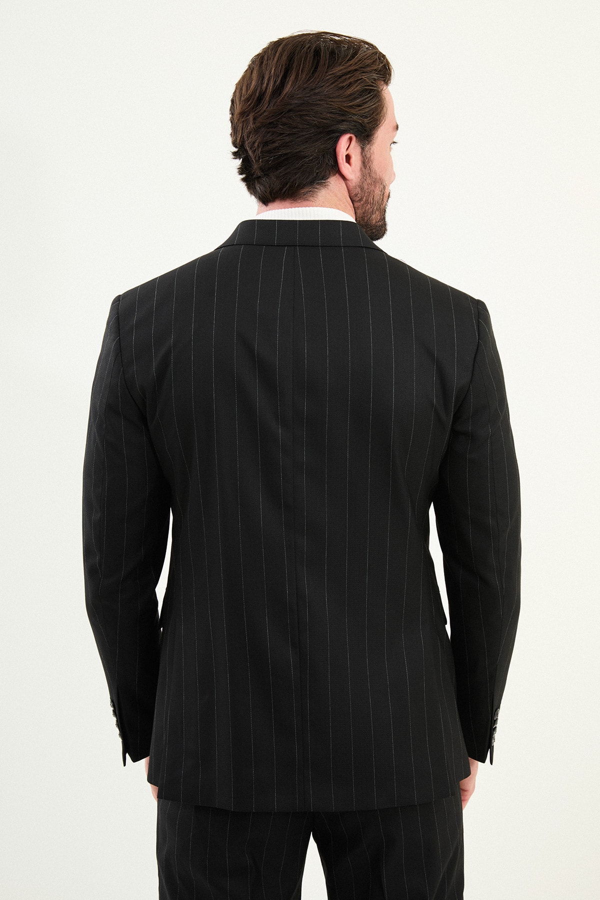 Çizgili Slim Fit Geniş Yaka Kruvaze Erkek Takım Elbise