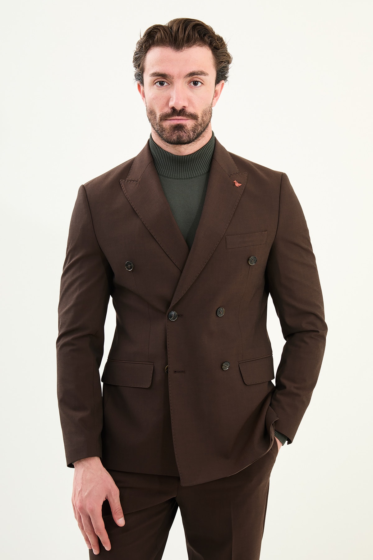 Düz Slim Fit Geniş Yaka Kruvaze Erkek Takım Elbise - Koyu Kahverengi