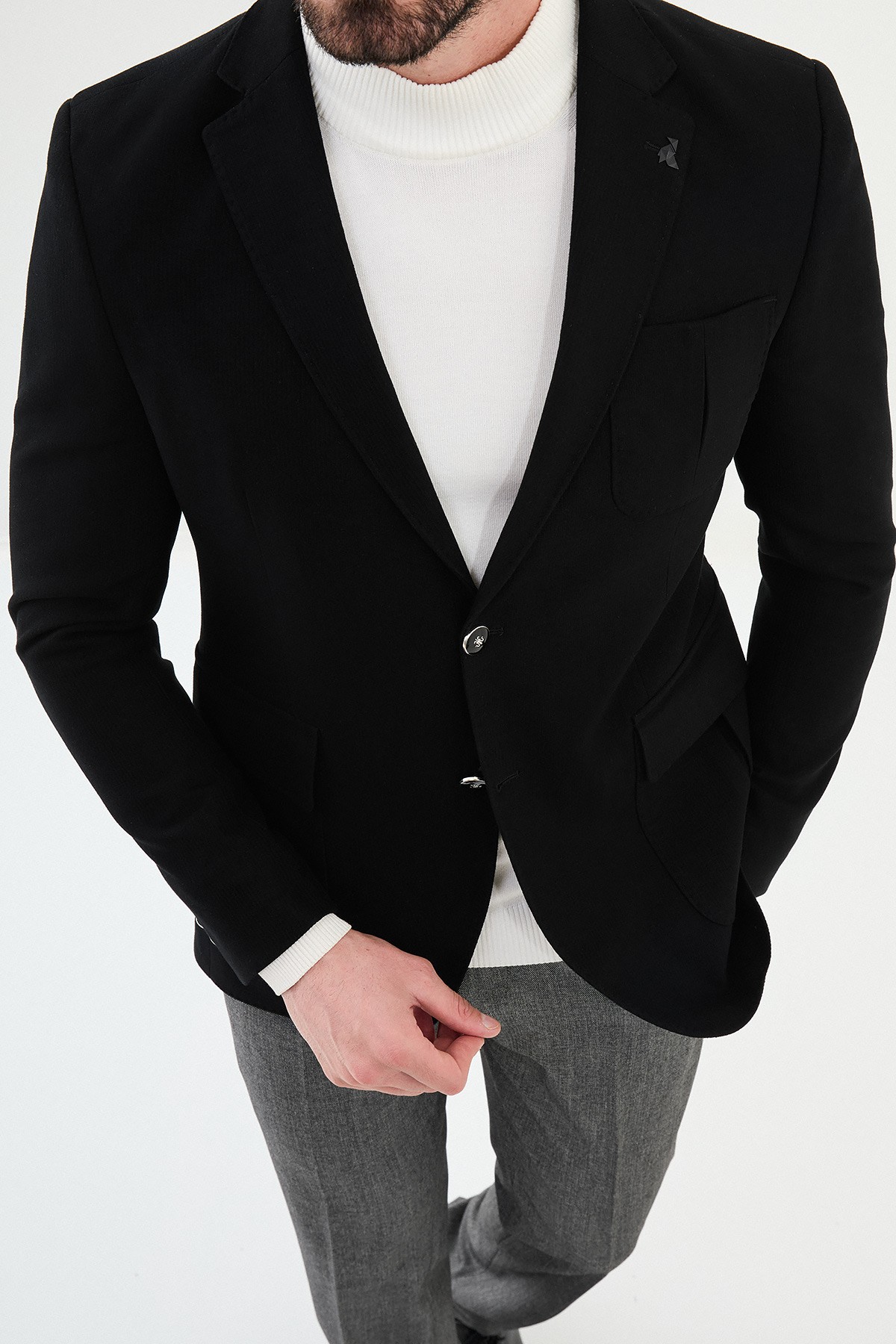 Çizgili Slim Fit Torba Cep Mono Yaka Erkek Ceket