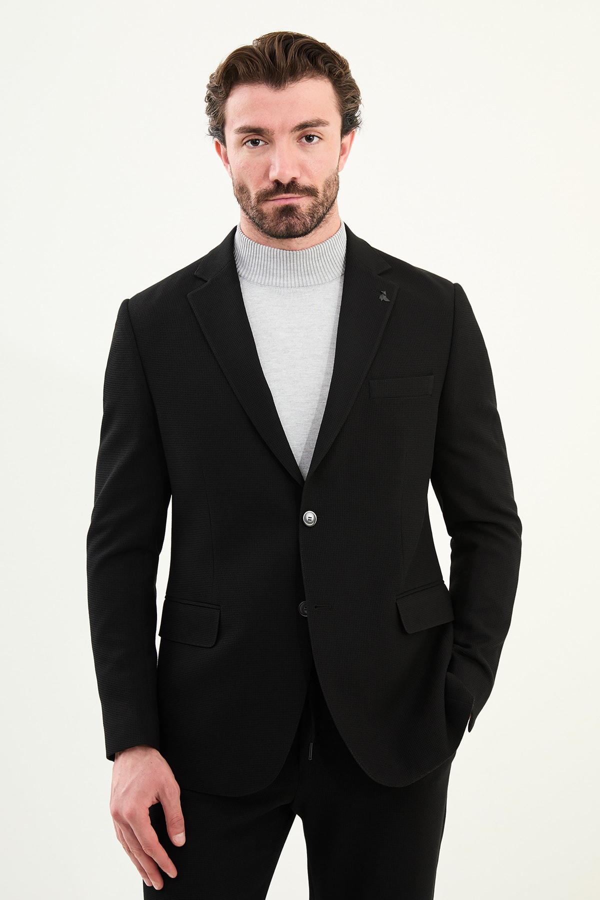 Desenli Slim Fit Torba Cep Beli Lastikli İpli Erkek Takım Elbise