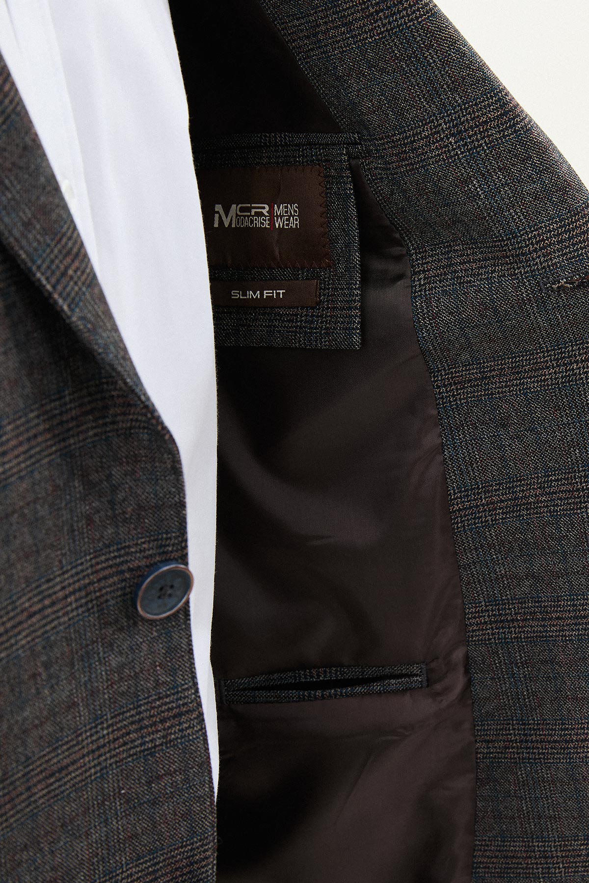 Ekoseli Slim Fit Mono Yaka Erkek Ceket
