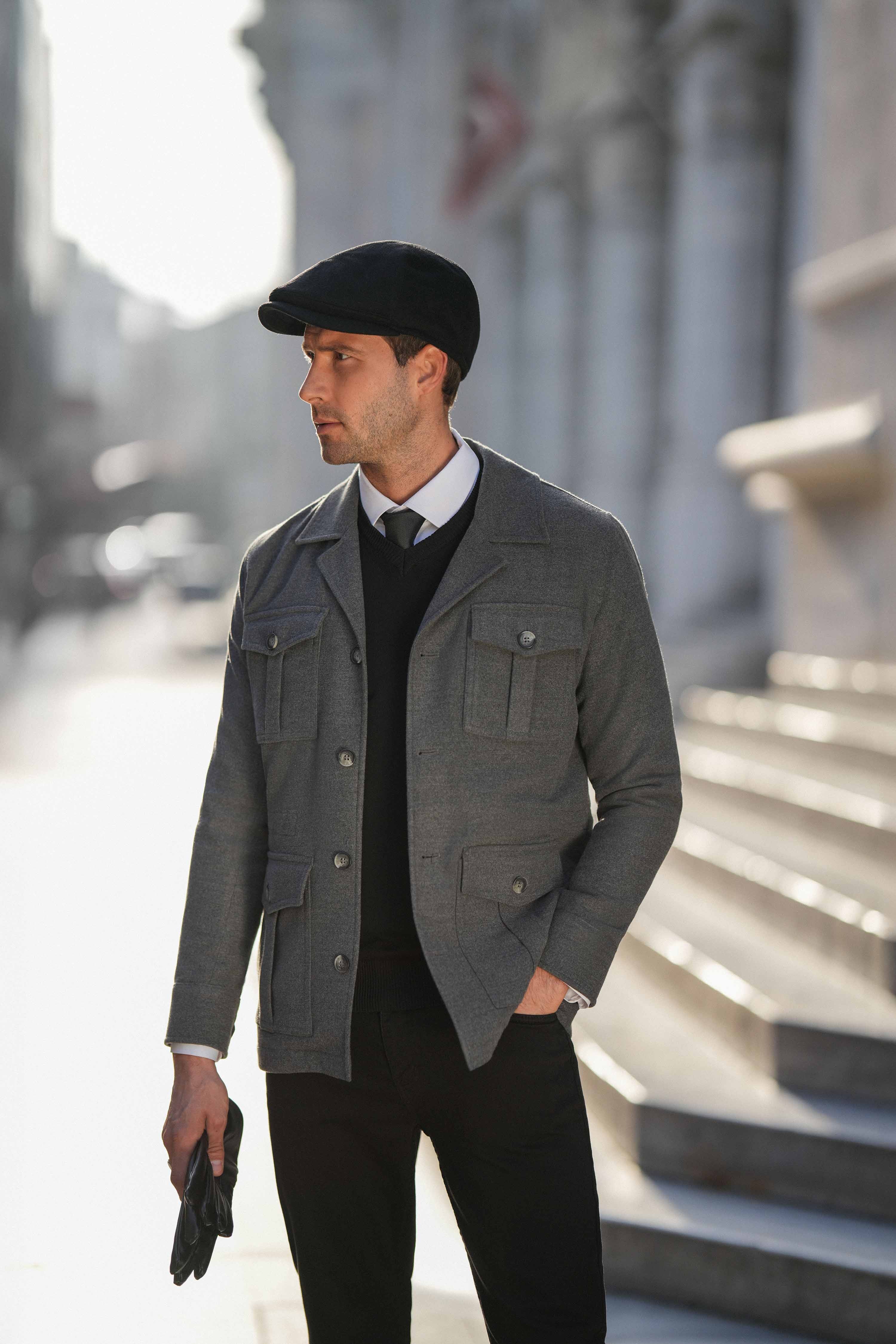 Düz Slim Fit Torba Cep Erkek Trench Coat - Gri
