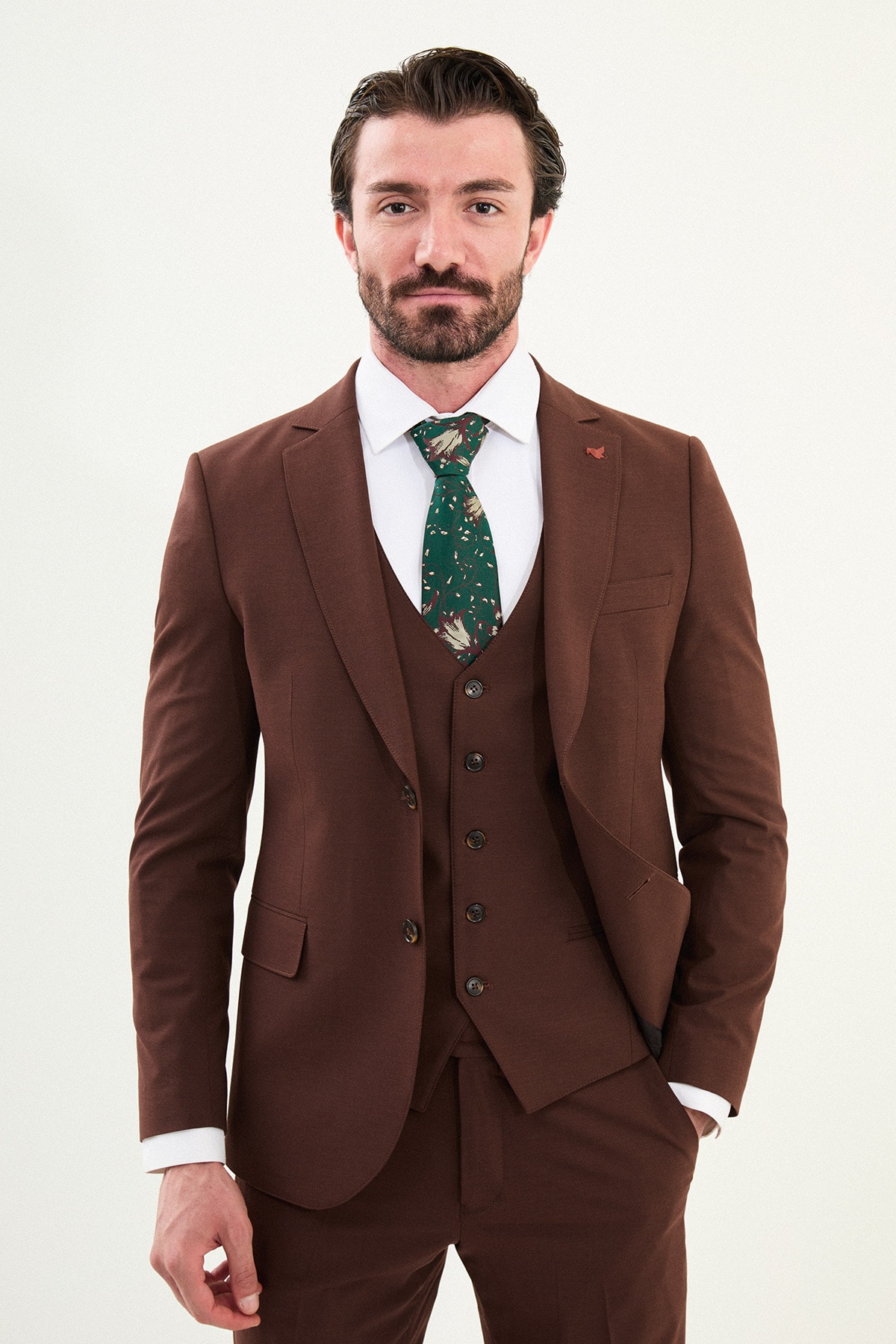 Düz Slim Fit Mono Yaka Klasik Erkek Takım Elbise - Kahverengi