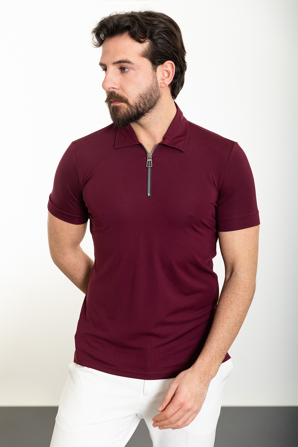 Düz Slim Fit Fermuarlı Polo Yaka Erkek T-Shirt