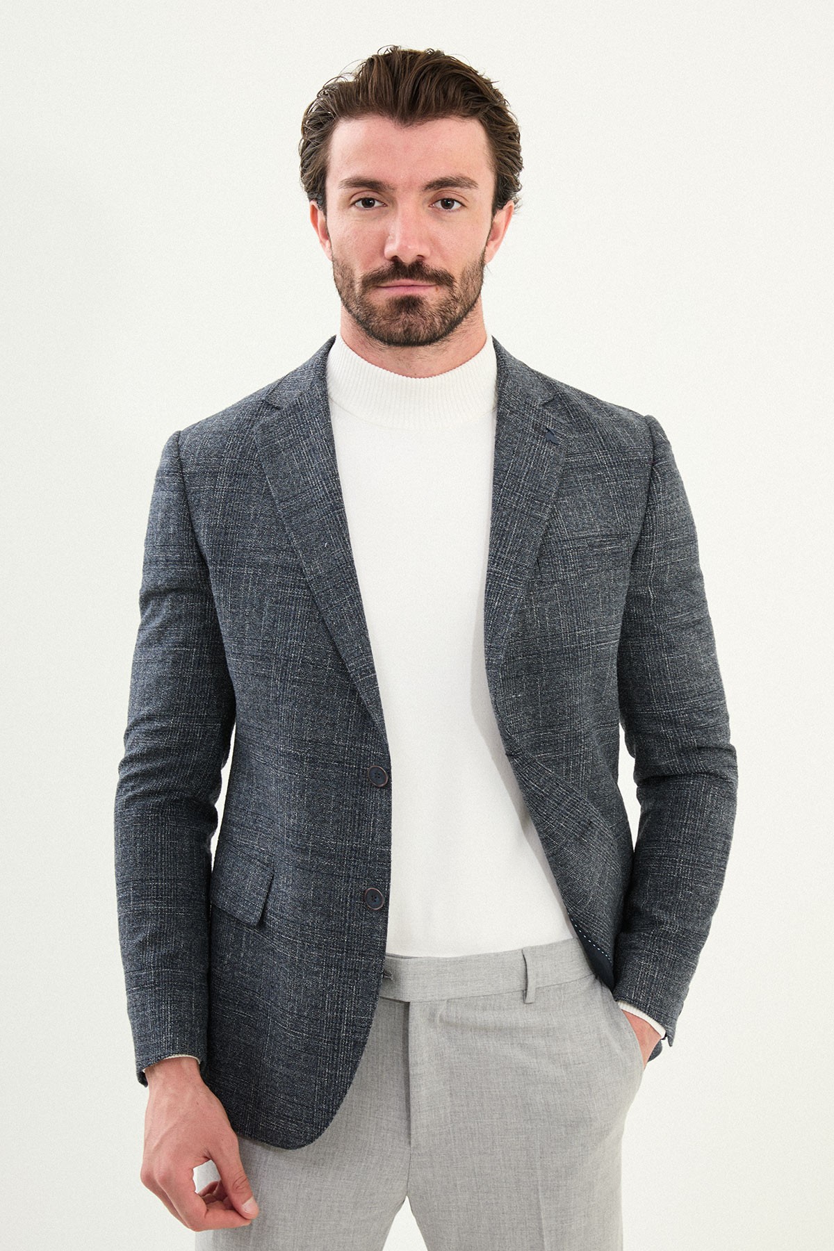 Ekoseli Slim Fit Mono Yaka Yün Erkek Ceket - Petrol