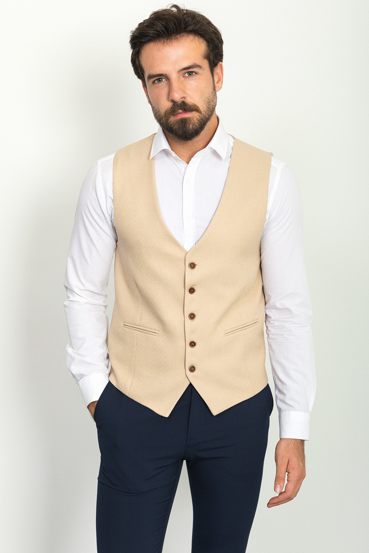 Desenli Slim Fit Klasik Yün Erkek Yelek - Bej