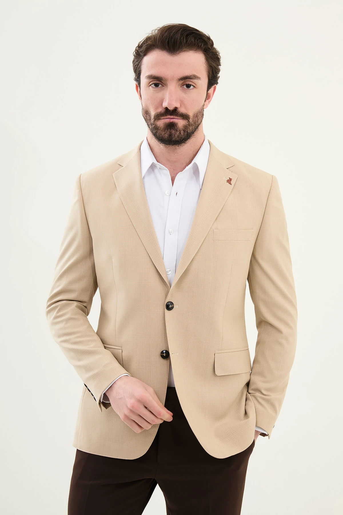 Ekoseli Slim Fit Mono Yaka Erkek Ceket