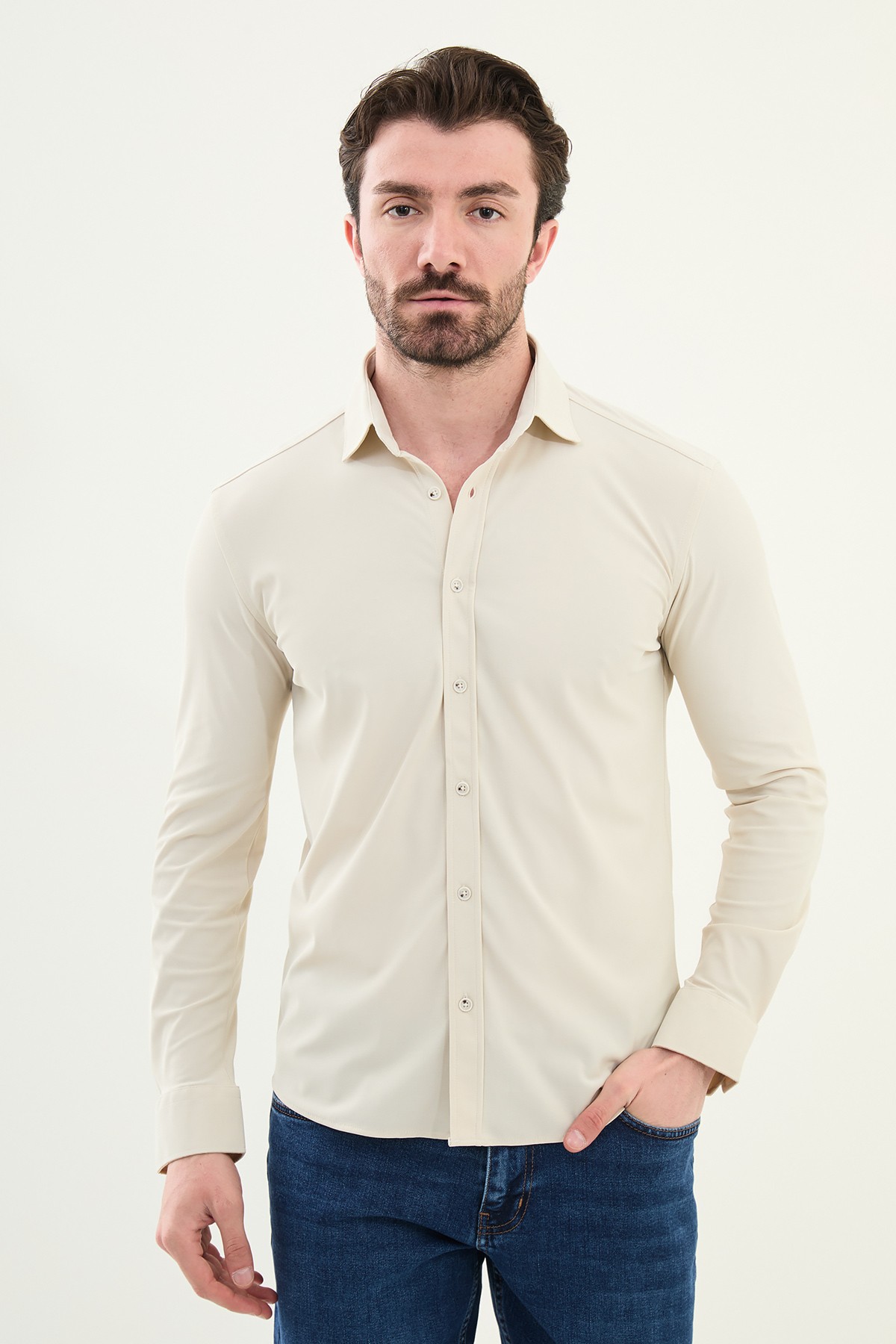 Düz Slim Fit Erkek Gömlek - Bej