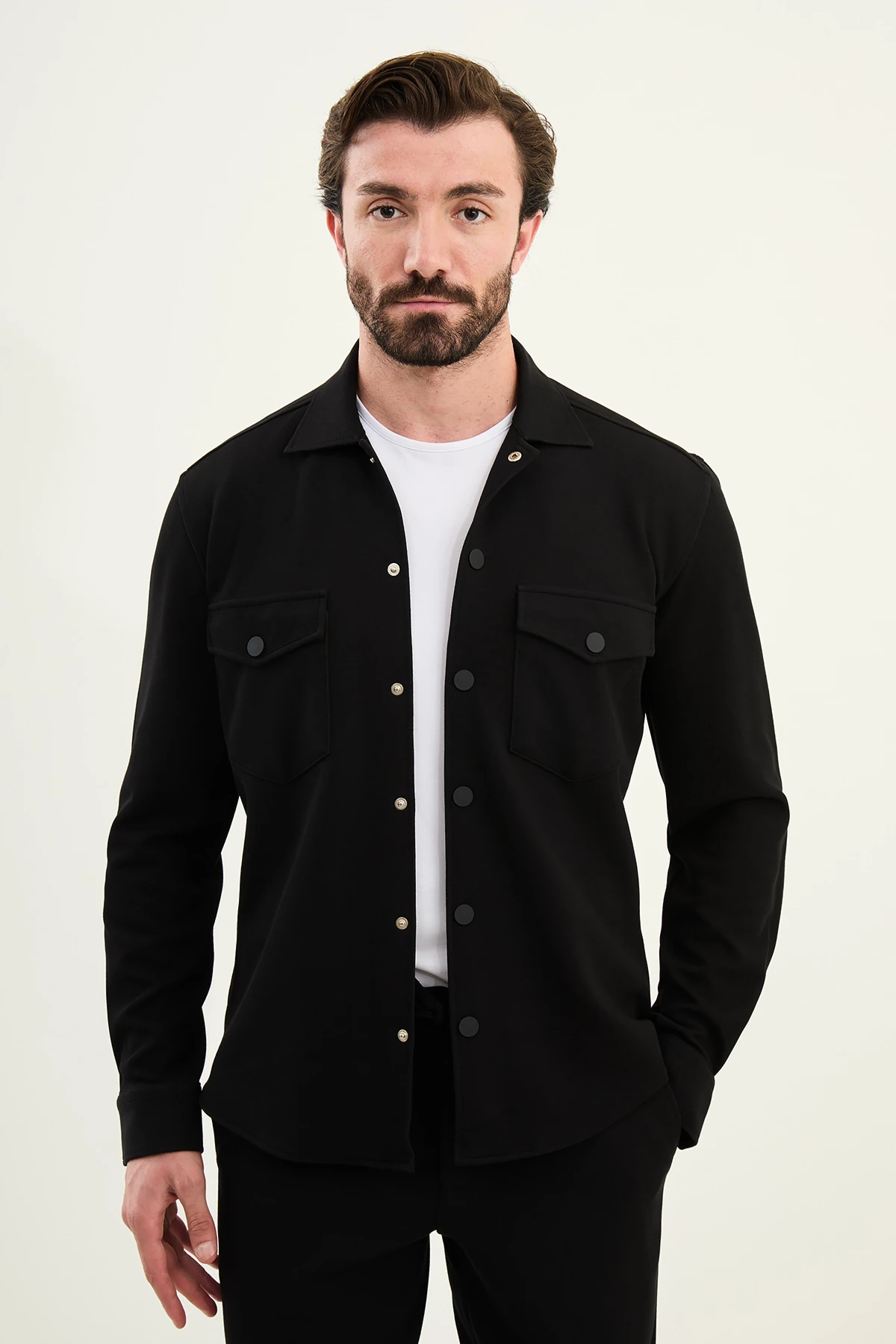 Çizgli Slim Fit Gömlek Yaka Çıtçıtlı Mont İpli Pantolon Takım - Siyah