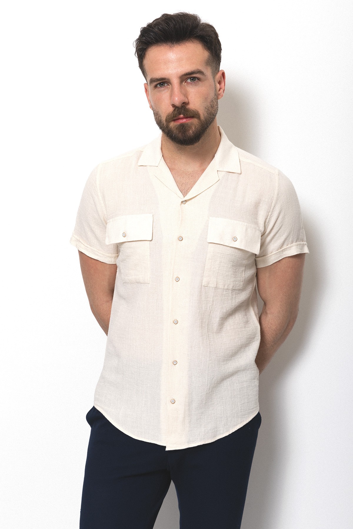 Desenli Slim Fit Kısa Kollu Apaç Yaka Erkek Gömlek