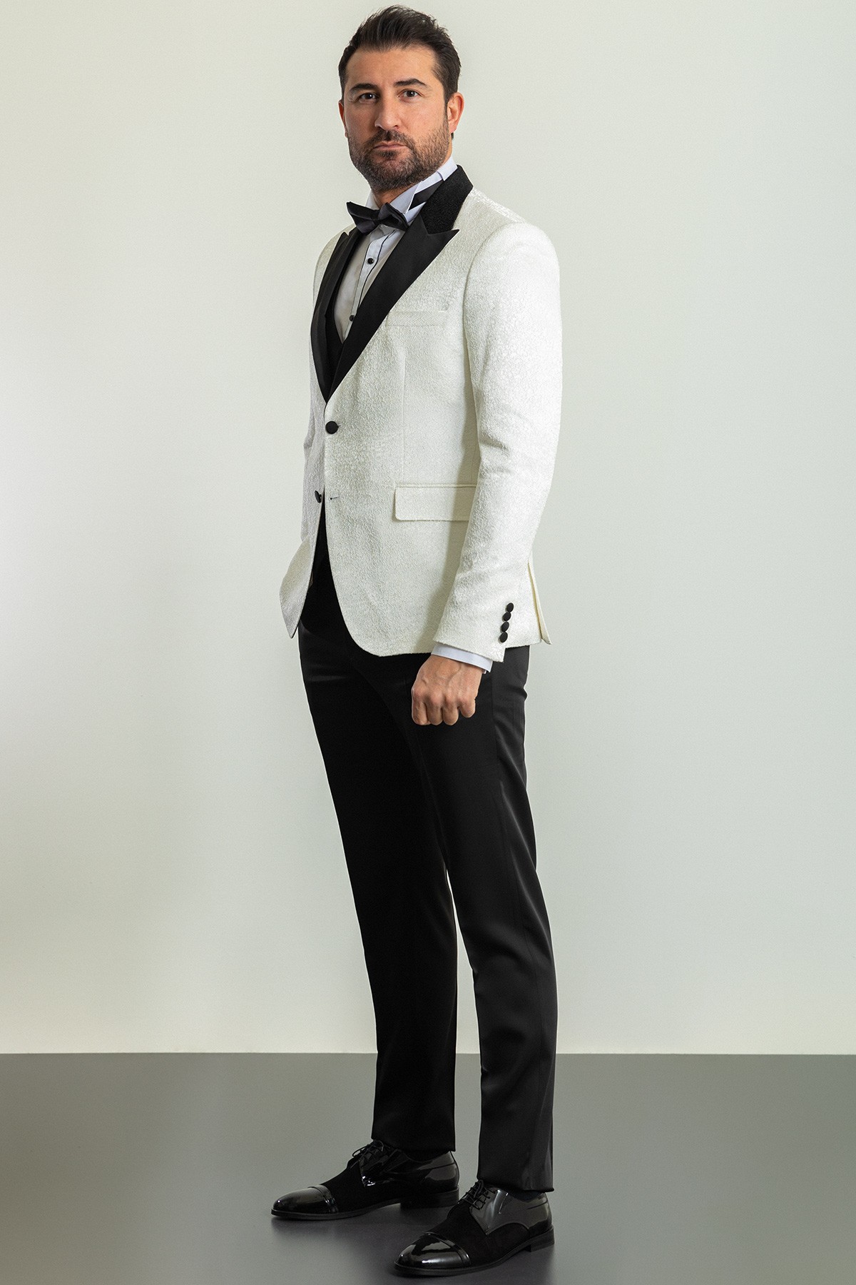 Desenli Slim Fit Geniş Yaka Saten Erkek Damatlık