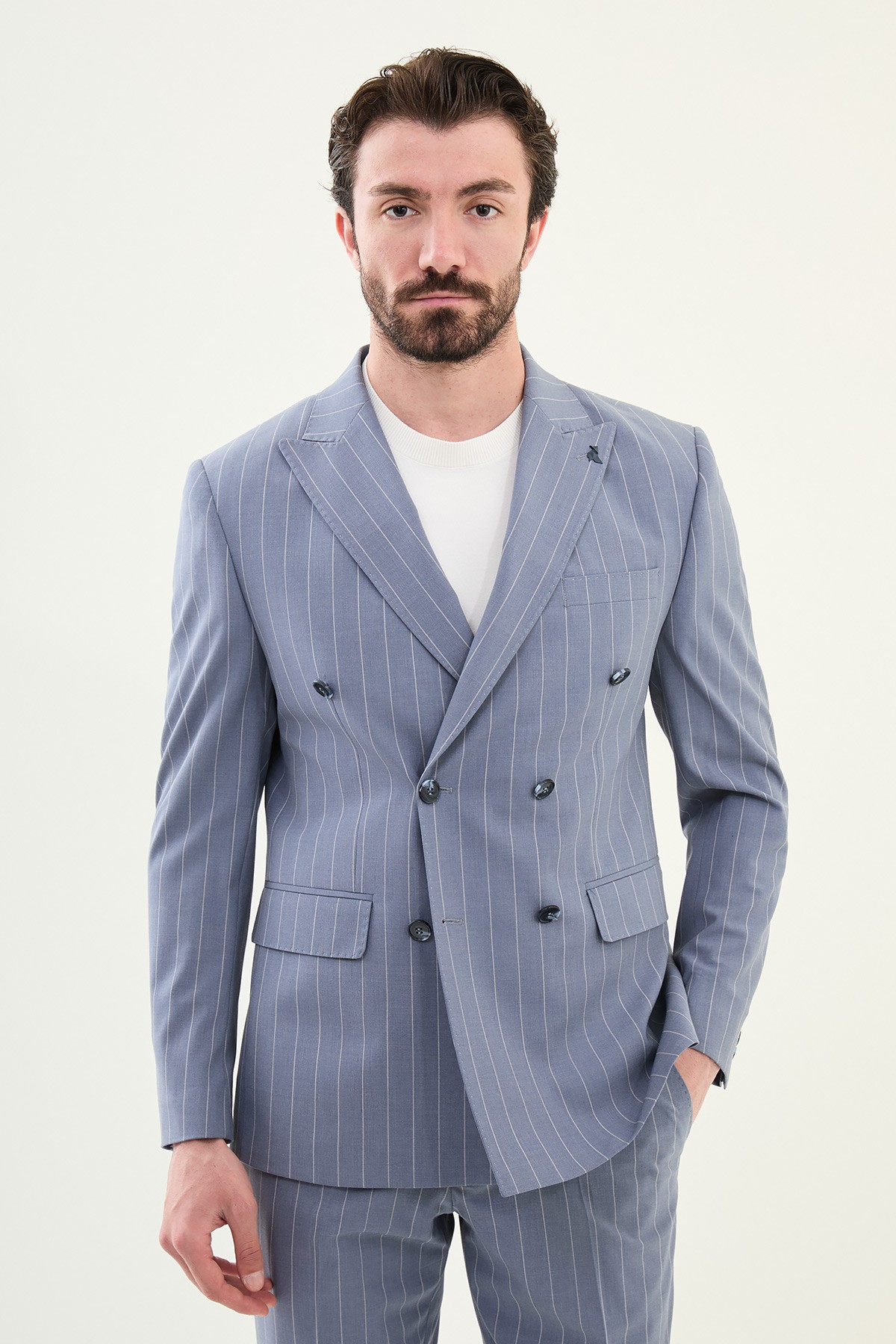 Çizgili Slim Fit Geniş Yaka Kruvaze Erkek Takım Elbise - İndigo
