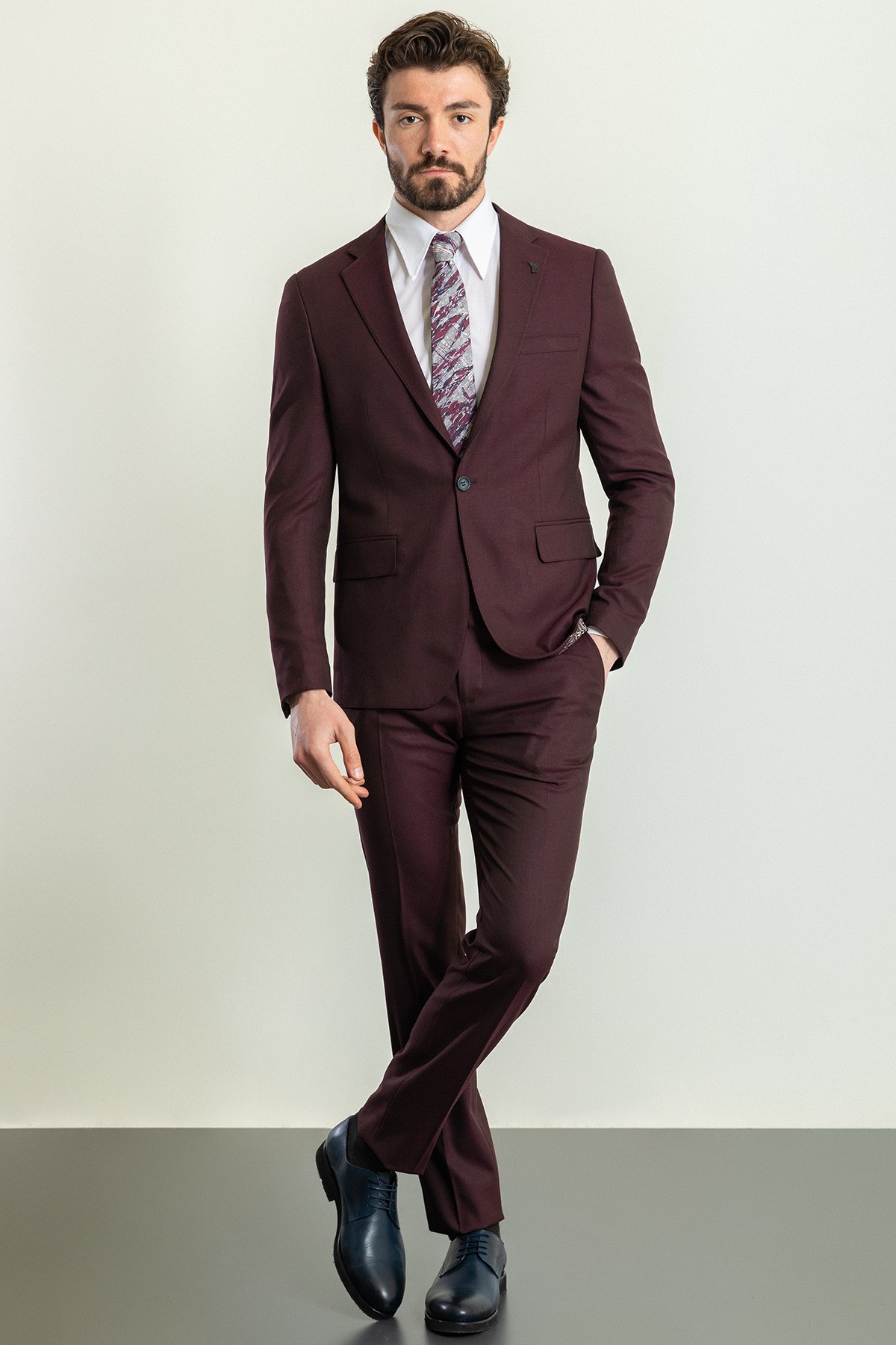 Düz Slim Fit Mono Yaka Keten Erkek Takım Elbise