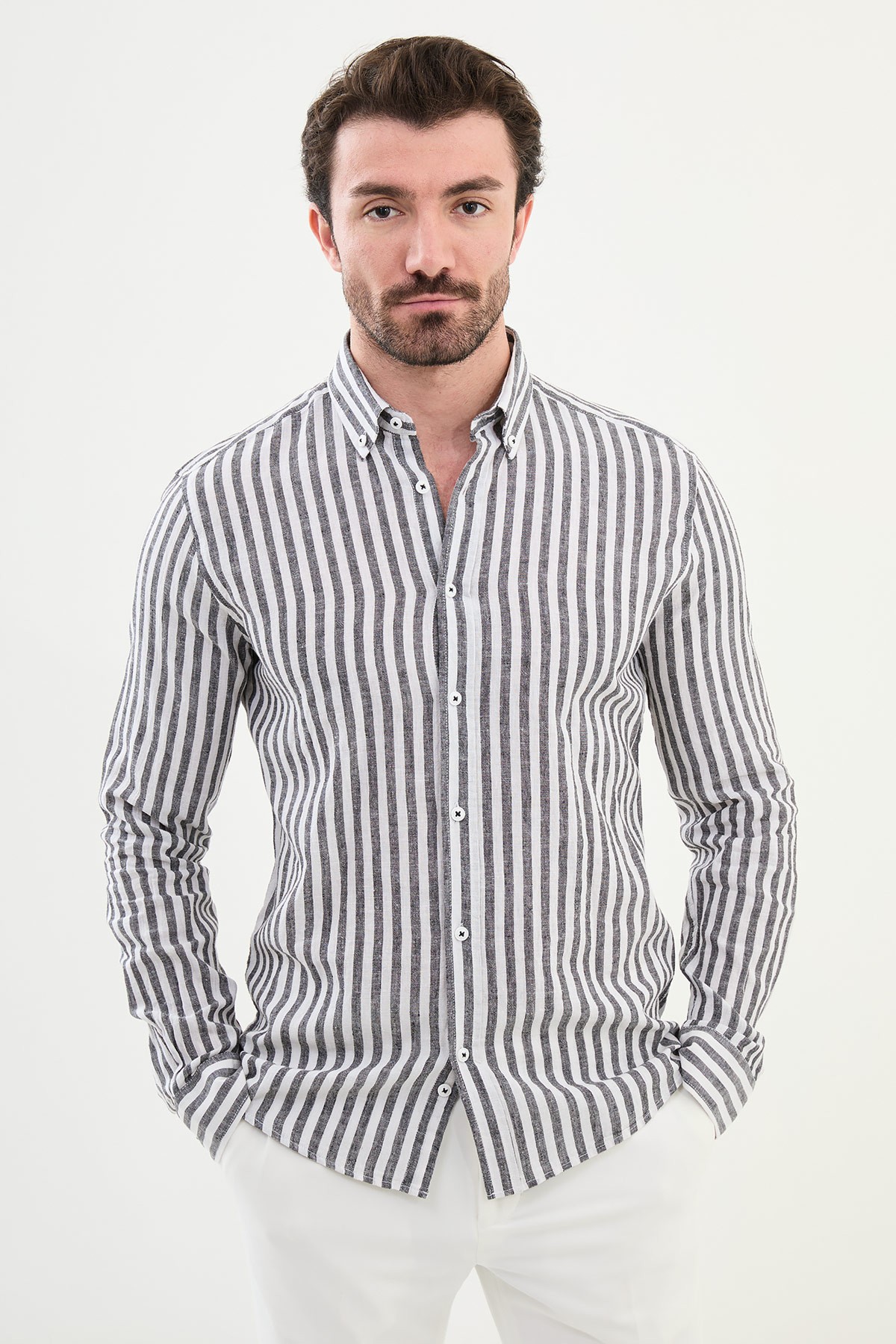 Çizgili Slim Fit Uzun Kollu Keten Erkek Gömlek