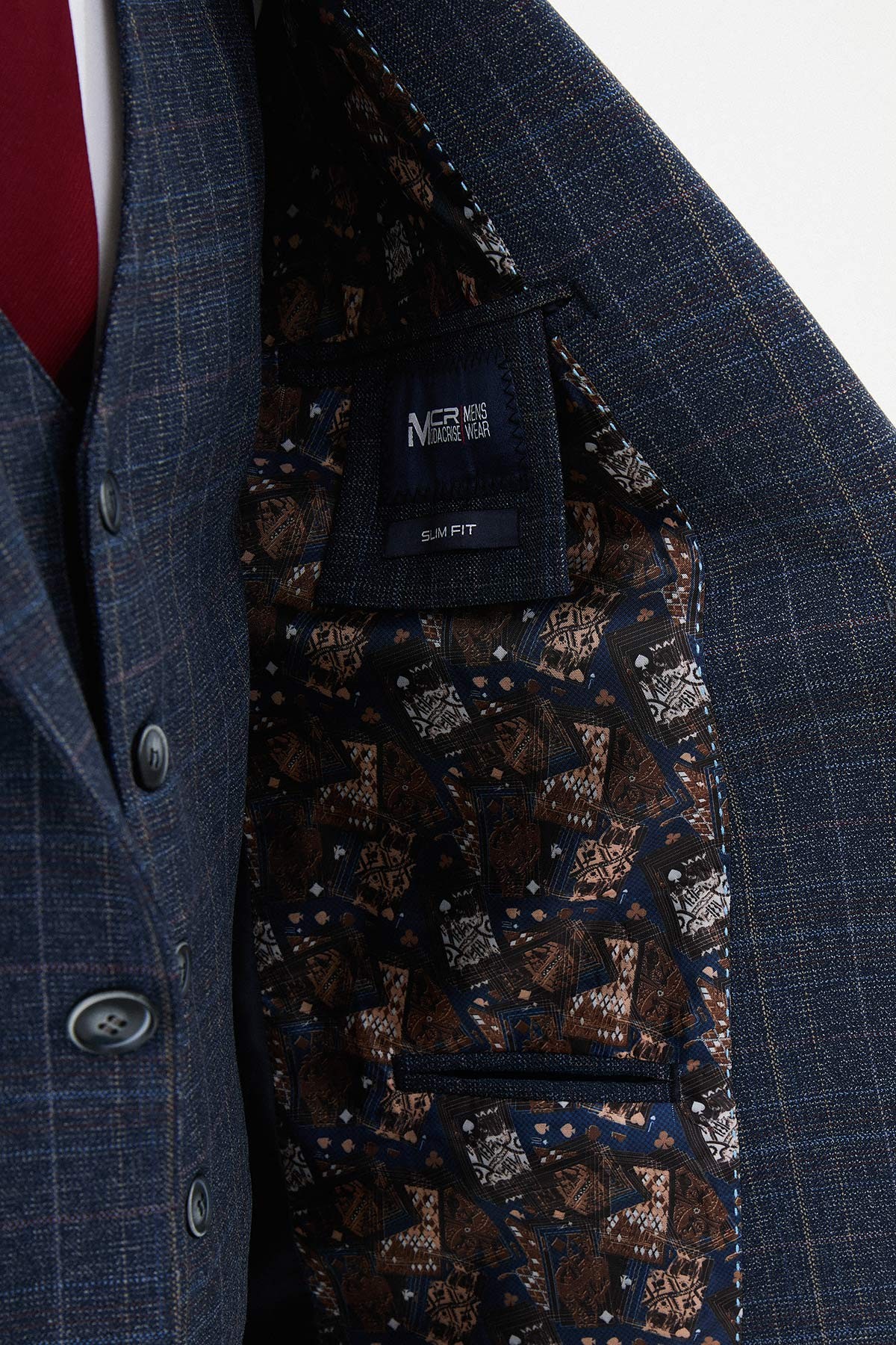 Kareli Slim Fit Mono Yaka Yün Erkek Takım Elbise
