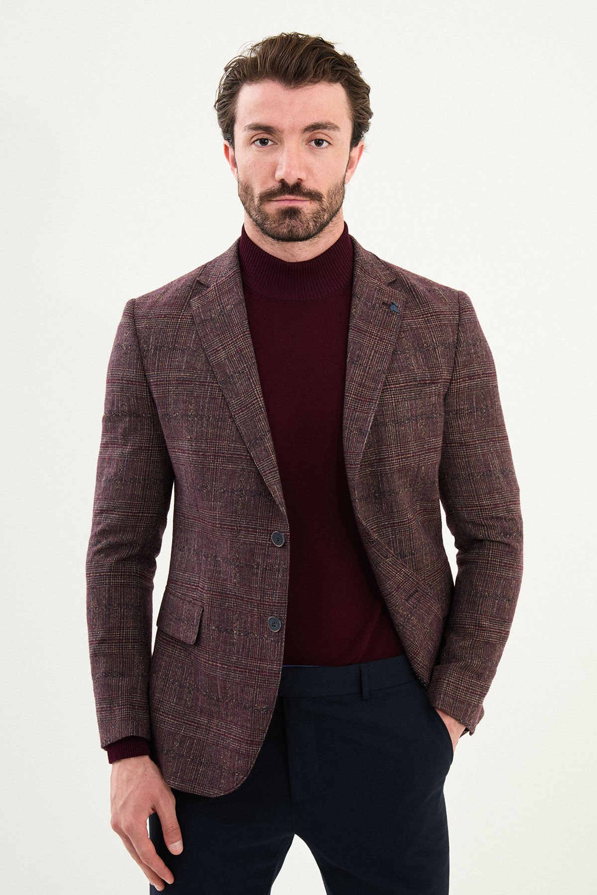 Ekoseli Slim Fit Mono Yaka Yün Erkek Ceket - Bordo
