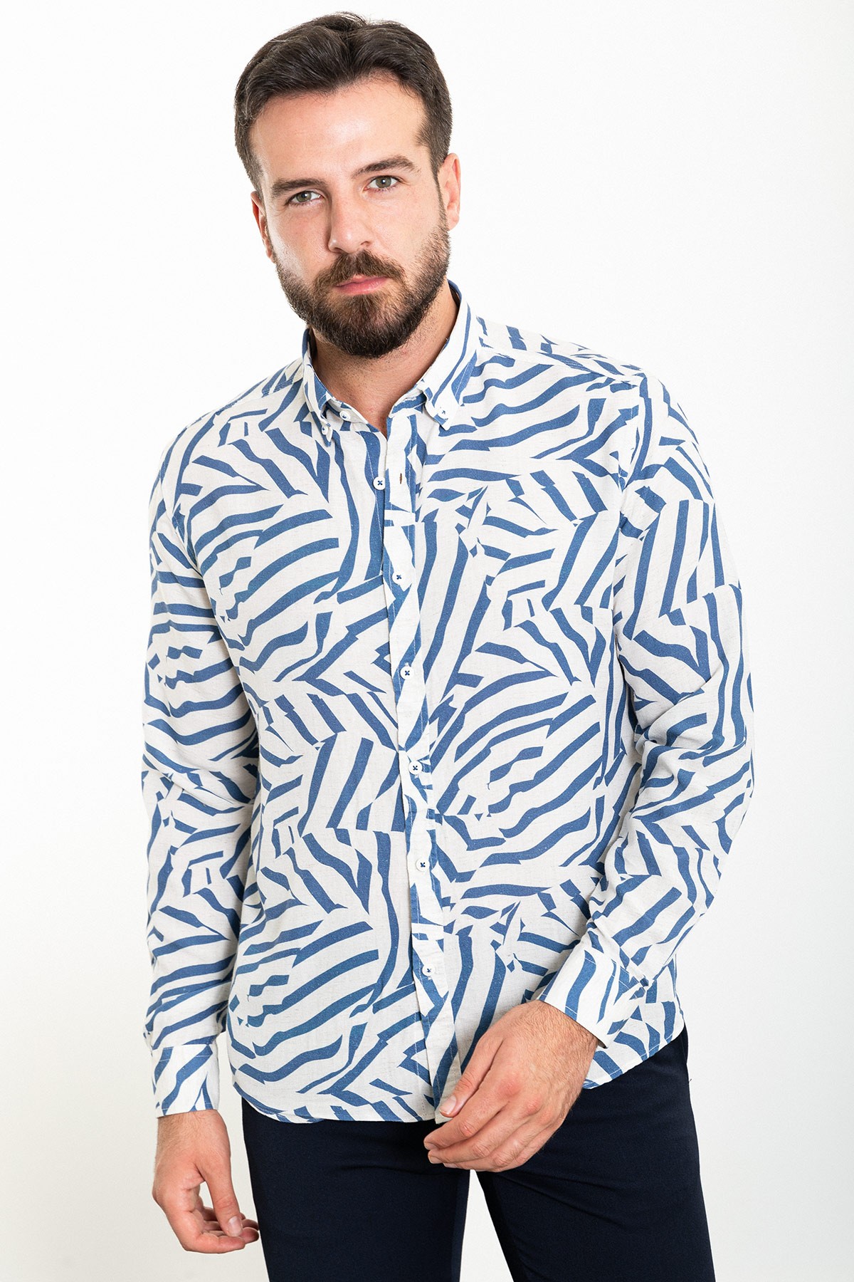 Desenli Slim Fit Uzun Kollu Erkek Gömlek - Lacivert-Ekru