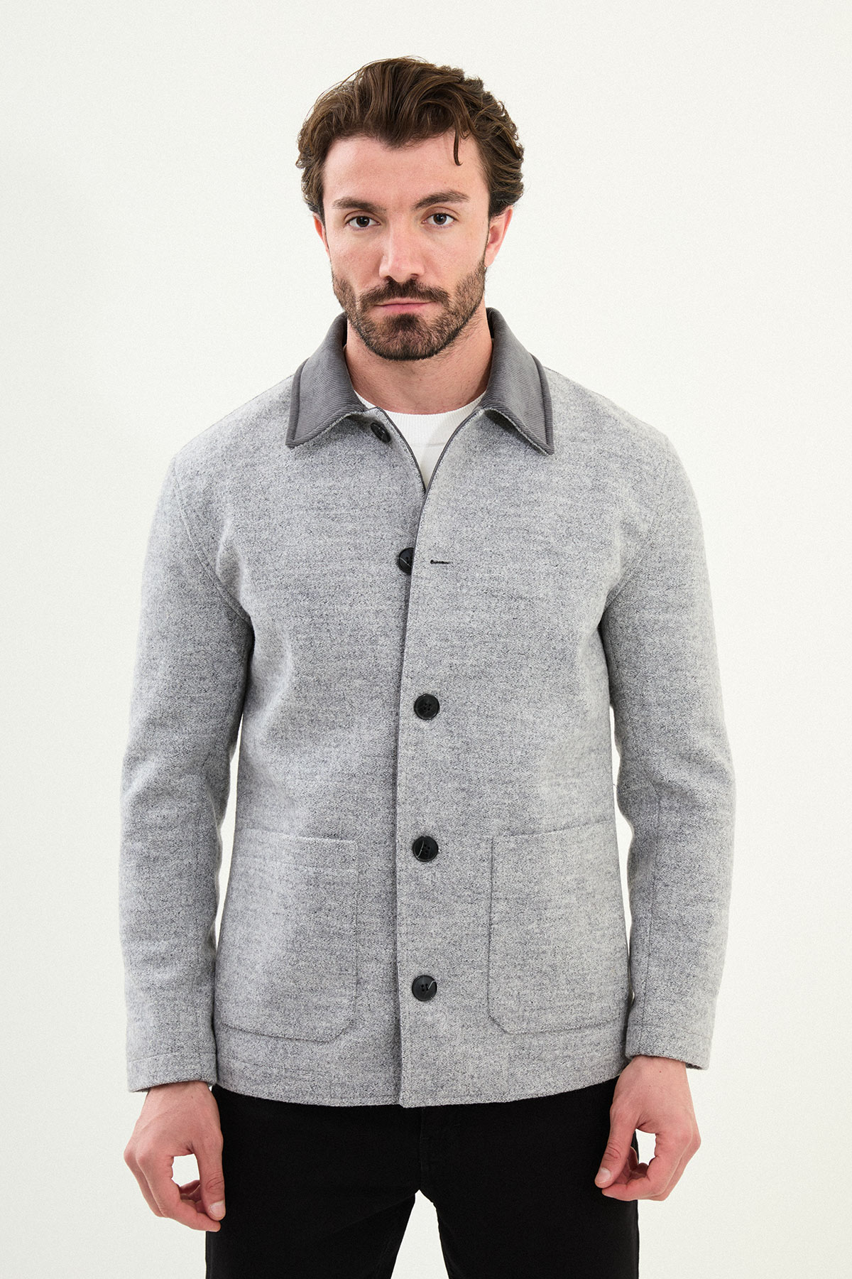 Kırçıllı Slim Fit Kadife Yaka Torba Cepli Erkek Trenchcoat - Gri