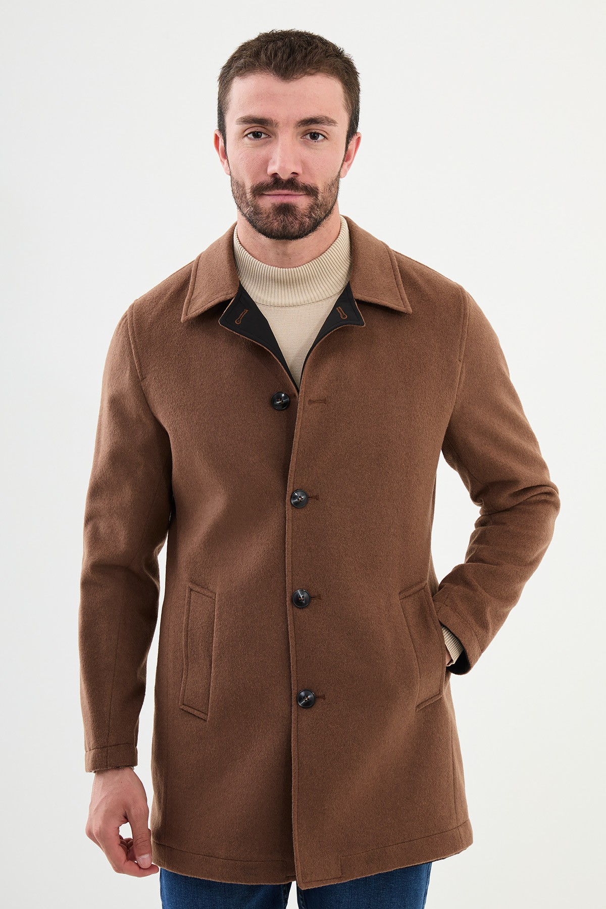 Düz Slim Fit Gömlek Yaka Çift Taraflı Erkek Trench Coat - Siyah-Kamel