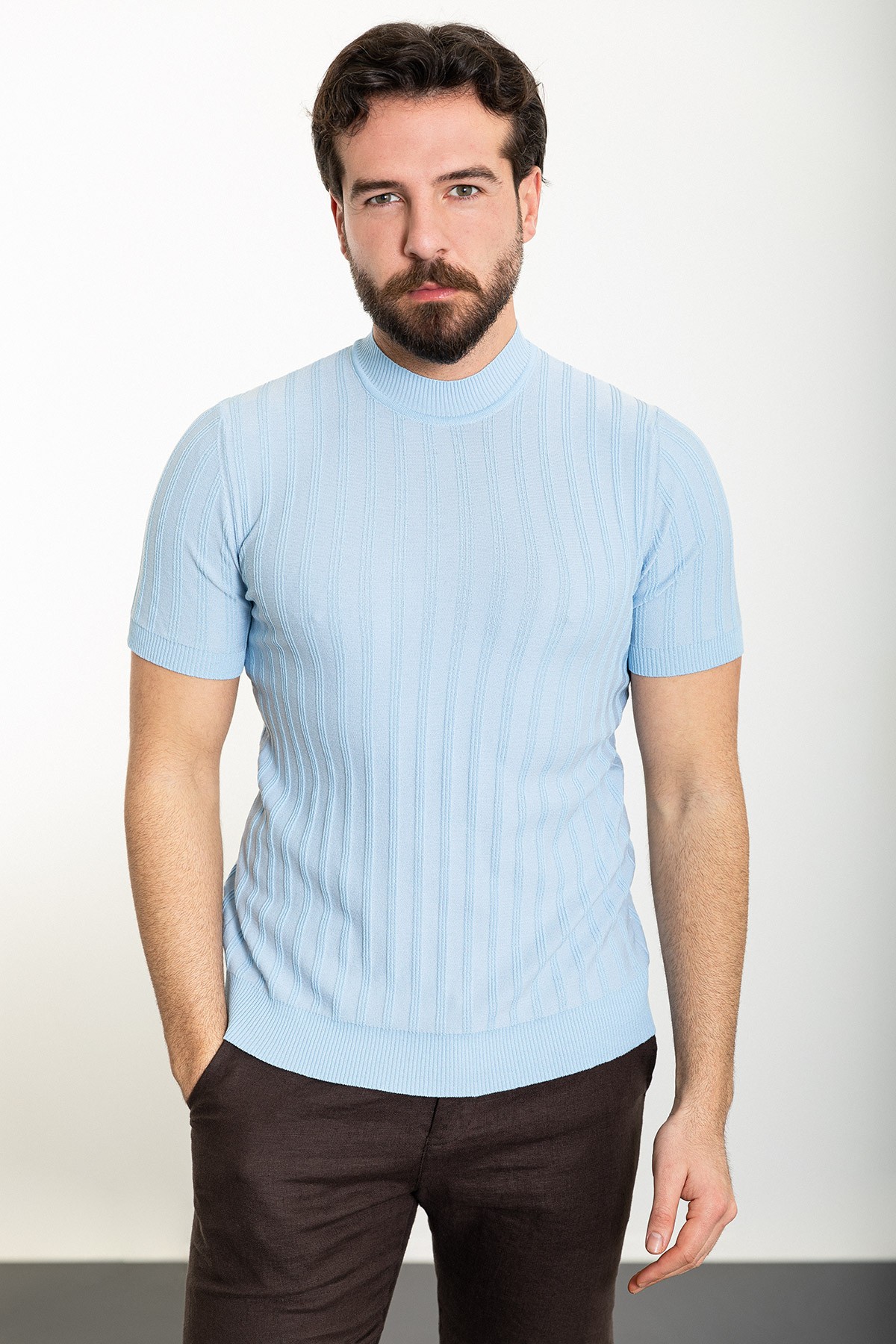 Çizgili Slim Fit Yarım Balıkçı Yaka Erkek Triko T-Shirt - Mavi