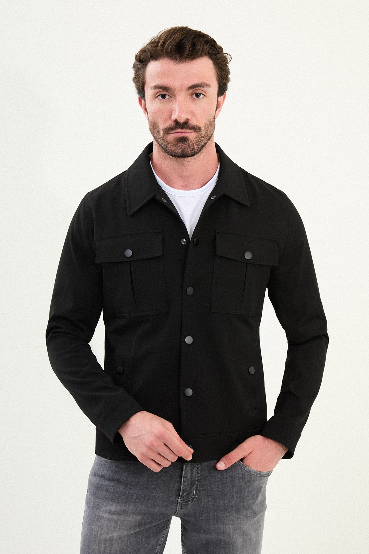 Düz Slim Fit Gömlek Yaka Erkek Mont - Siyah