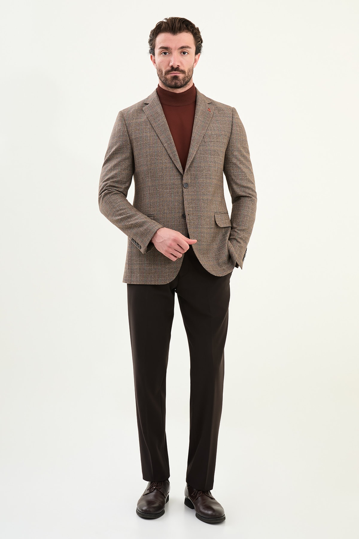 Ekoseli Slim Fit Mono Yaka Erkek Ceket