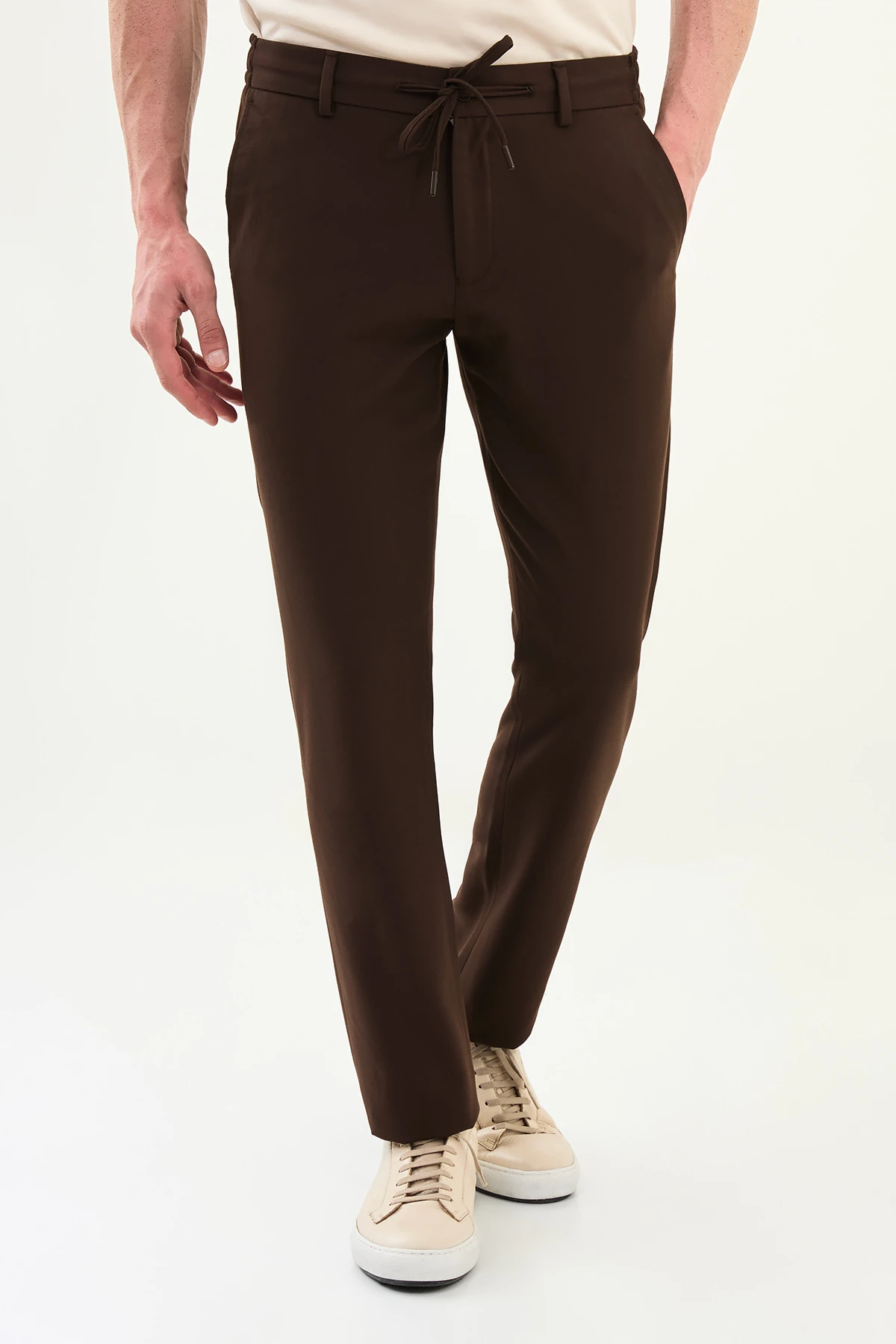Düz Slim Fit İpli Beli Lastikli Erkek Pantolon - Kahverengi