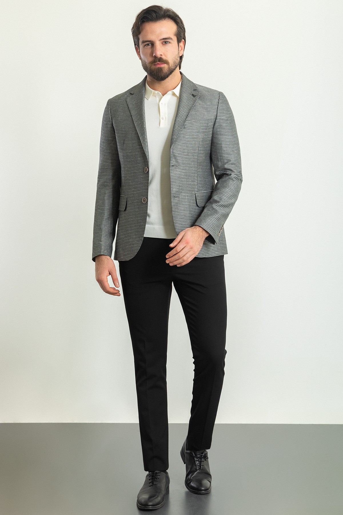 Kareli Slim Fit Mono Yaka Keten Erkek Ceket