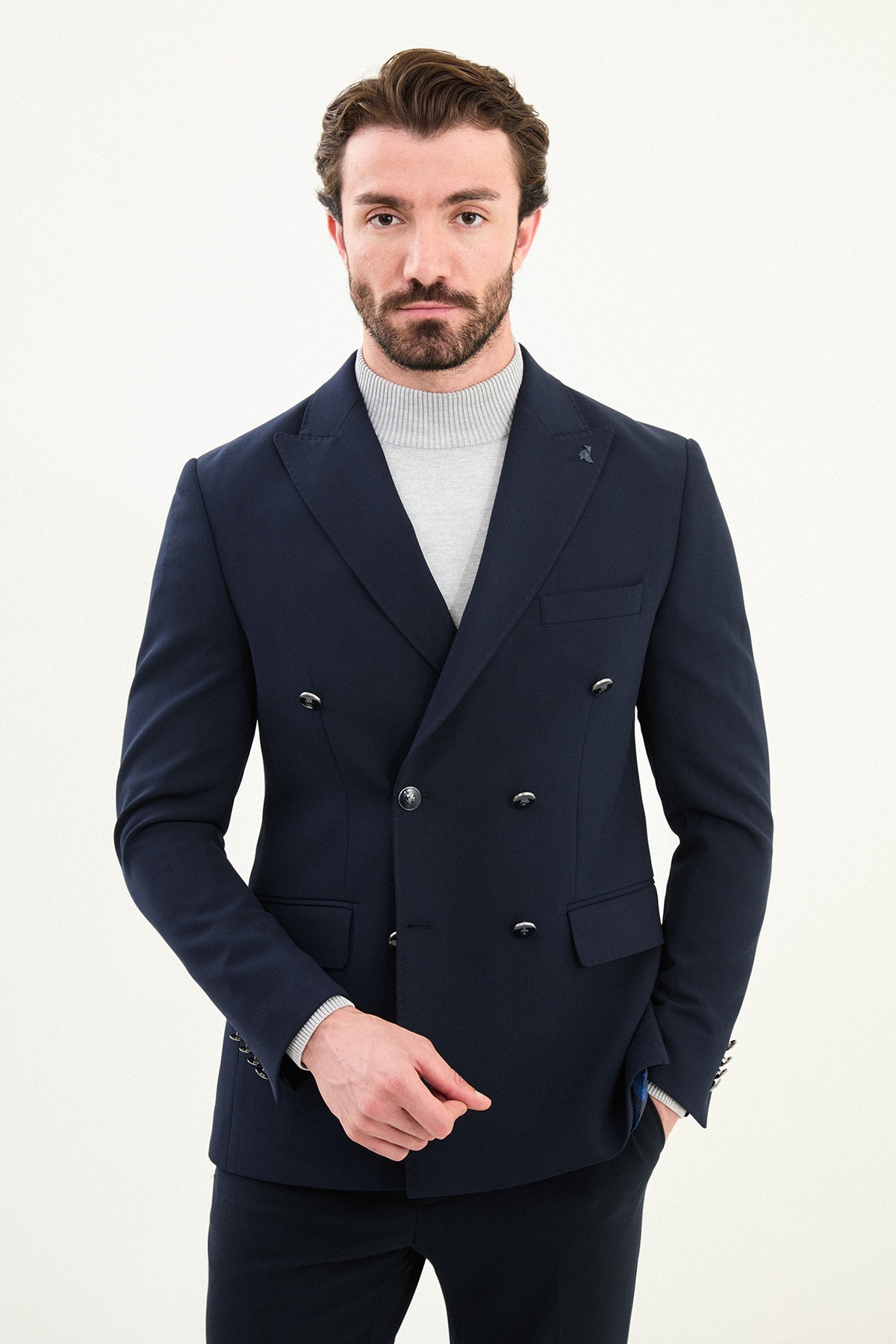 Düz Slim Fit Geniş Yaka Kruvaze Metal Düğmeli Erkek Ceket - Lacivert