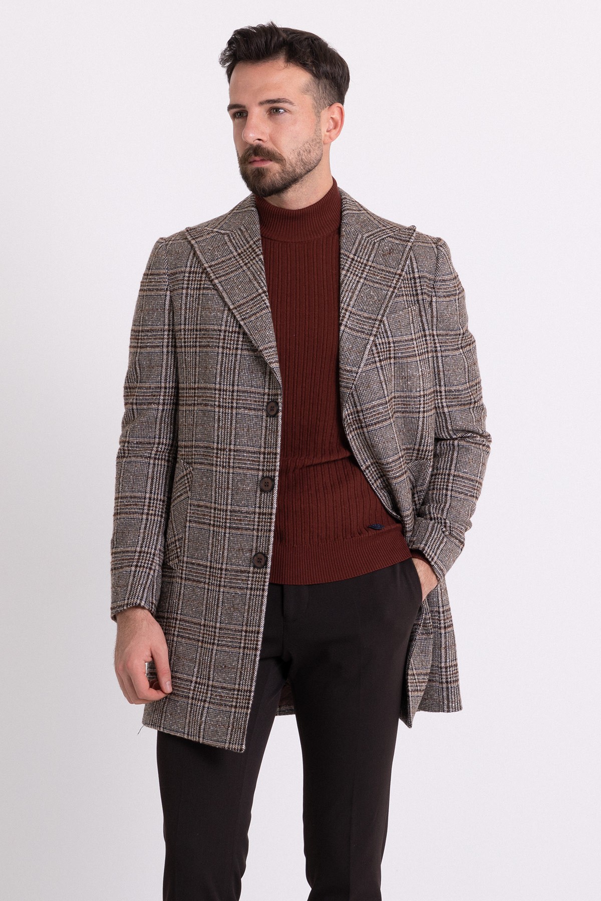 Ekoseli Slim Fit Kırlangıç Yaka Yün Erkek Kaban
