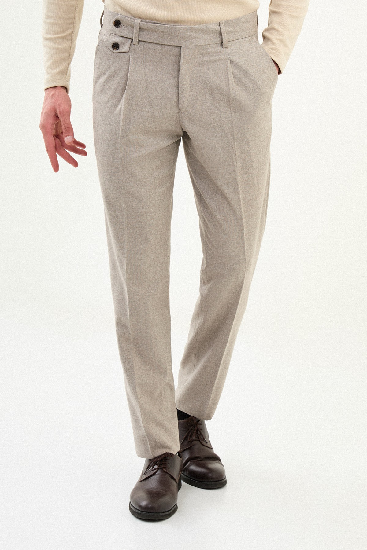 Dokulu Slimfit Pileli Erkek Pantolon - Bej